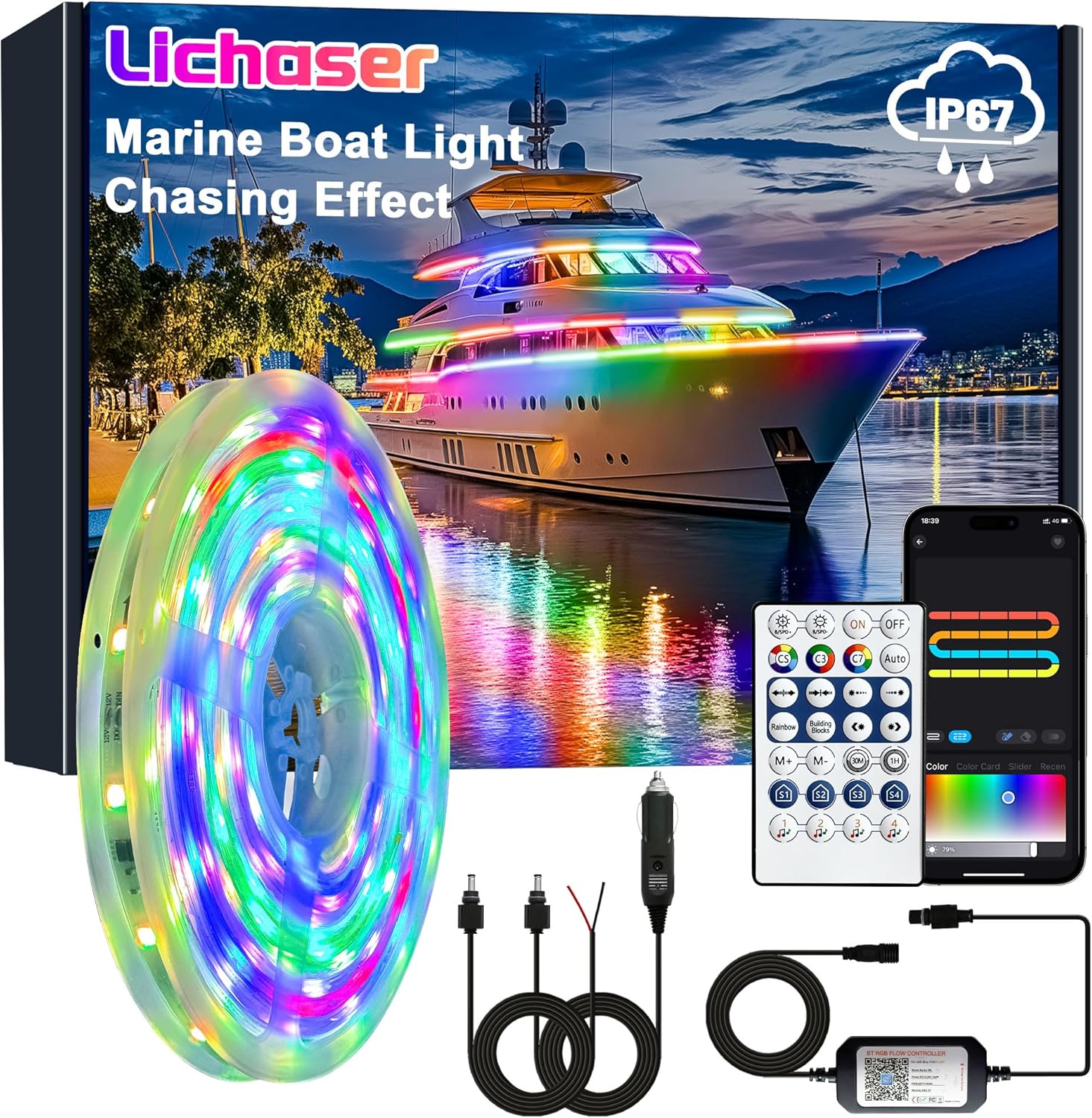Lichaser Boat LED Strip Light RGB+IC, Marine LED Light Strip for Pontoon with Remote, Segment App Control Boat Light Waterproof 12V, Cool Stuff for Jon Boat, Bass Boat, Camper, RV (33ft)