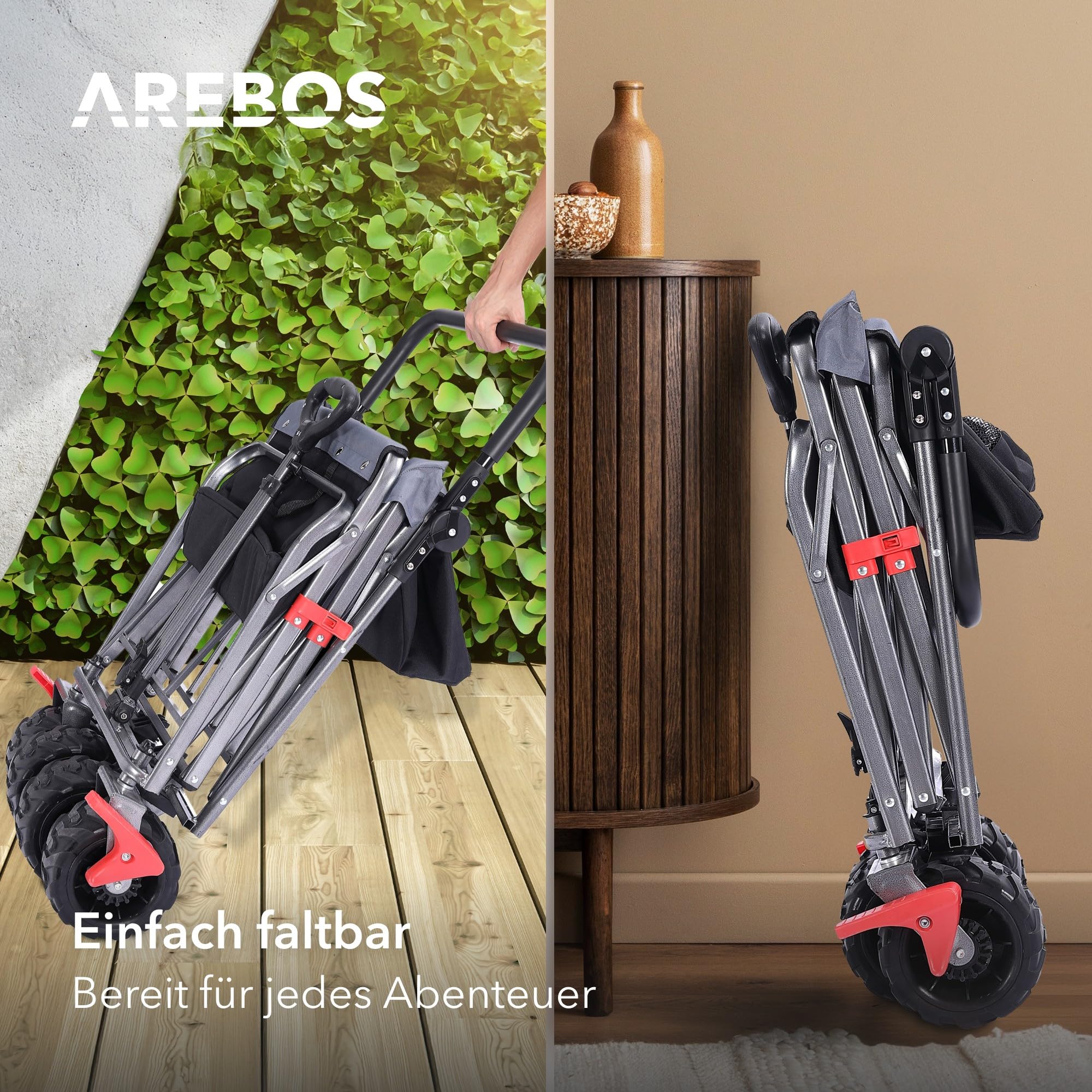 Arebos Bollerwagen faltbar | Transportkarre | Gerätewagen | Handwagen | Faltwagen | inkl. 2 Netztaschen | mit Vorderrad-Bremsen & Teleskopstange | klappbar | bis 100 kg Tragkraft | Grau