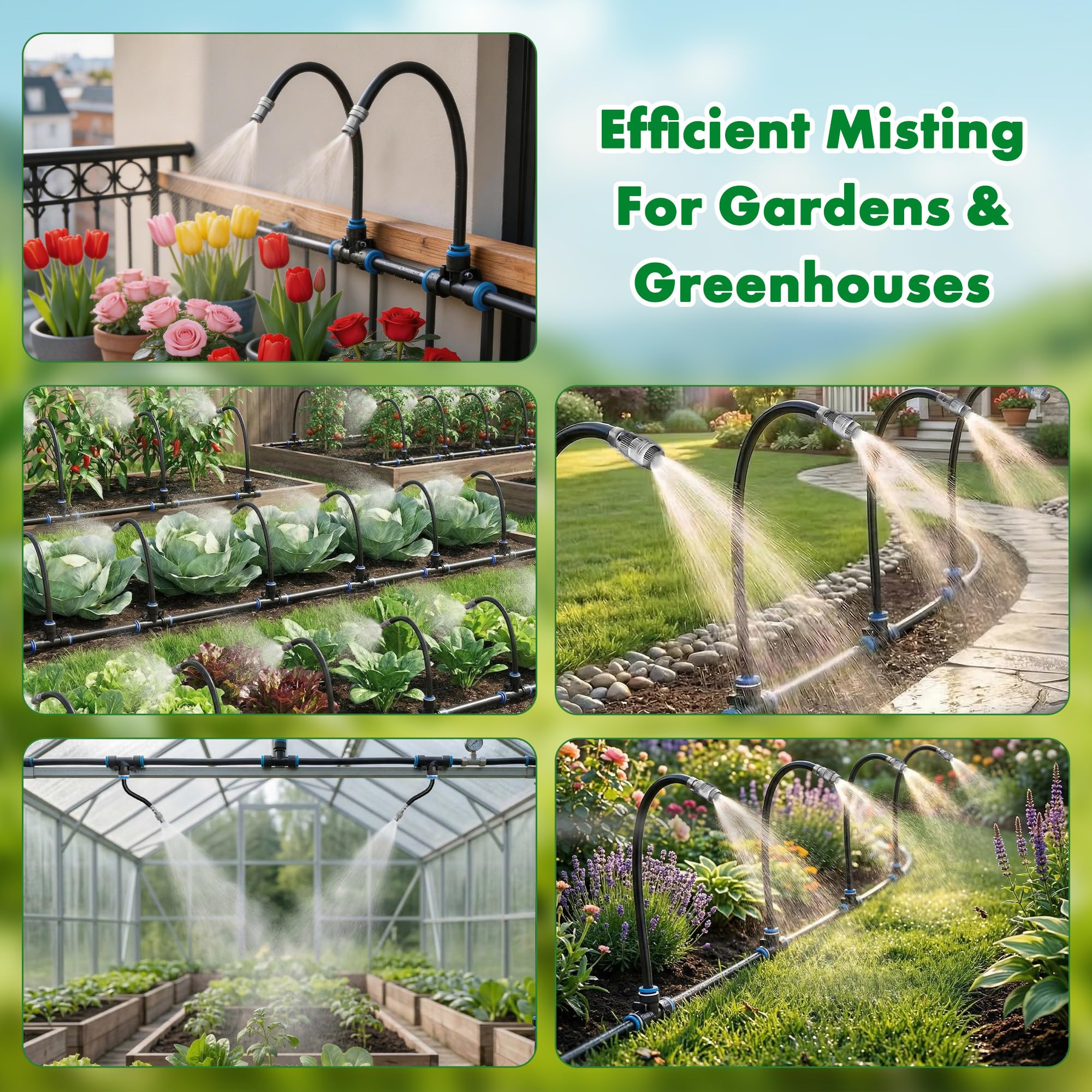Sistema di irrigazione a goccia regolabile a 360°, sistema di irrigazione da giardino con 15 ugelli, irrigatore d'acqua per giardino, cortile, prato, serra, piante, sistema di nebulizzazione