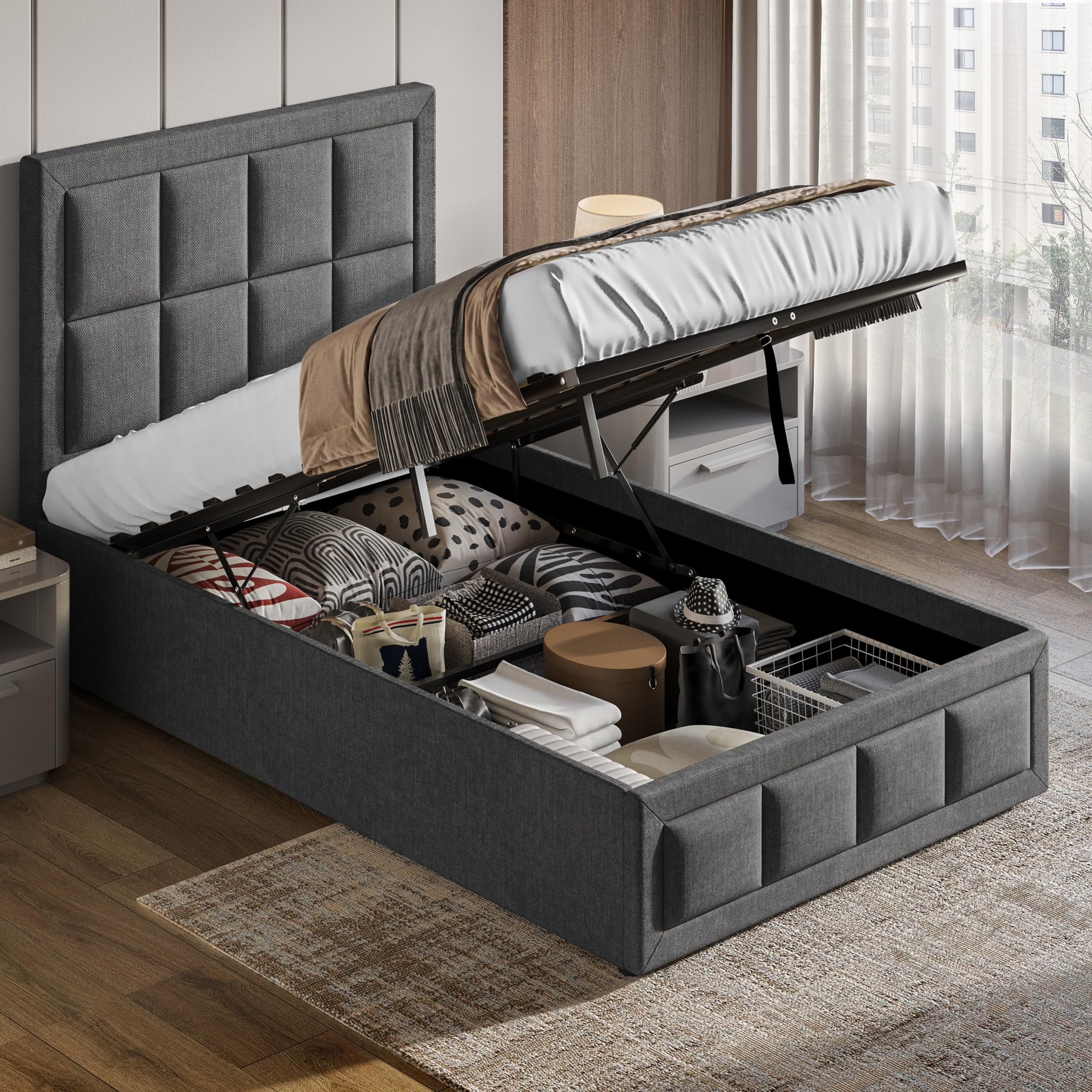 Blisswood Ottoman Bed, Upholstered 3ft Single Small Bed with Storage, Gas Lift End Opening Wooden Slats, Sturdy & Noise Free Velvet Beds, No Box Spring Needed, Size-204L x 100W CM, Dark Grey, Single