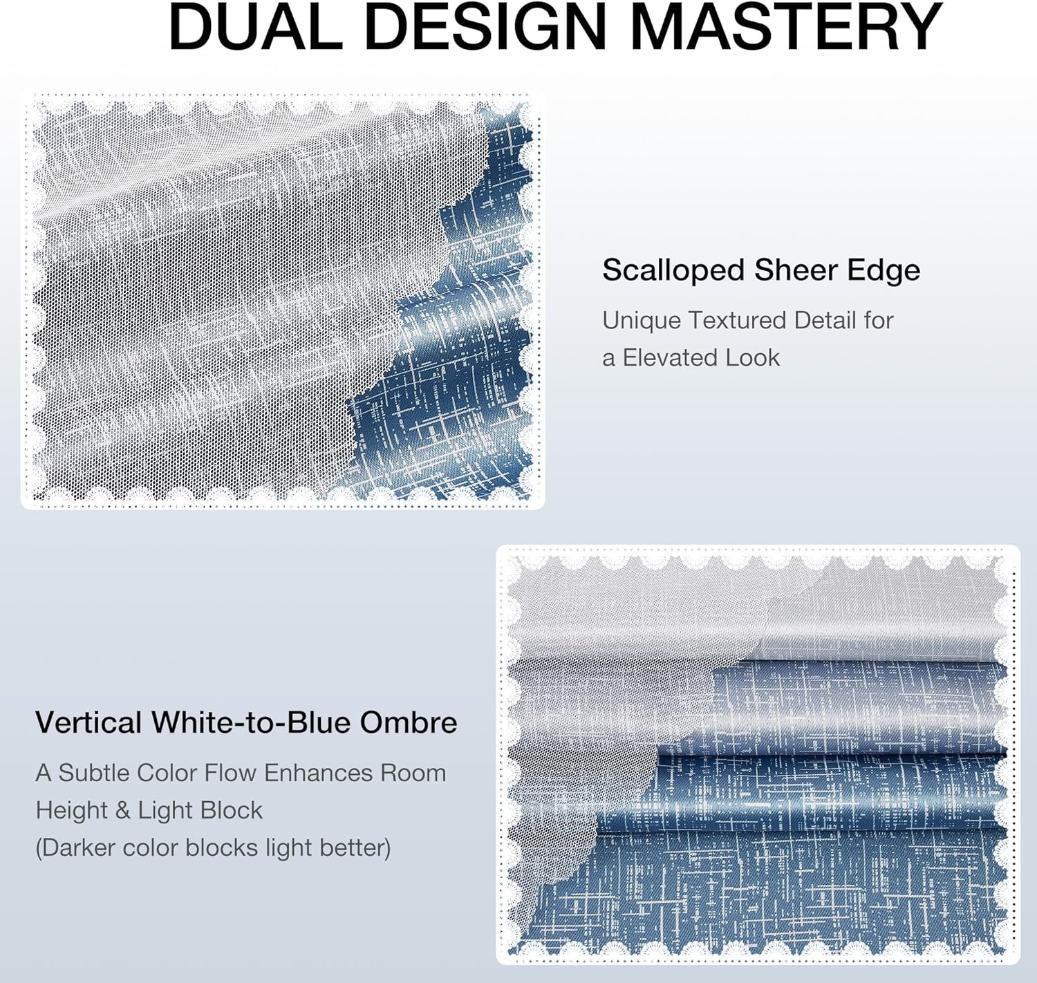 Amzdecor Ombre Full Blackout Curtains with Sheer Overlay Mix and Match Double Layer Drapes Blue White 84 Inch Long Soundproof Grommet Window Treament for Bedroom Living Room Nursery, 2 Panels, 52"x84"