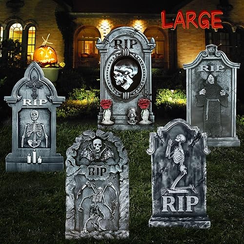 Roberly 24" Large Halloween Graveyard Decorations, 5PCS Tombstone Halloween Headstones