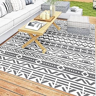 Outsunny Outdoor Teppich robuster Wetterfest Outdoorteppich, faltbar Carpet mit Boho-Style, Outdoor-Teppich für Wohnzimmer Balkon Garten Terrasse Bad Flur Küche, 182 x 274 cm Dunkelgrau+Weiß