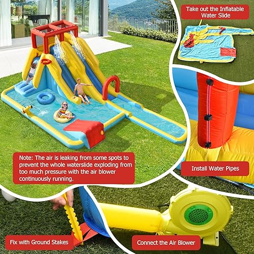 Miniatura 7 de KOTEK Tobogán acuático inflable, toboganes dobles largos, parque acuático gigante para niños, diversión al aire libre con pared de escalada y