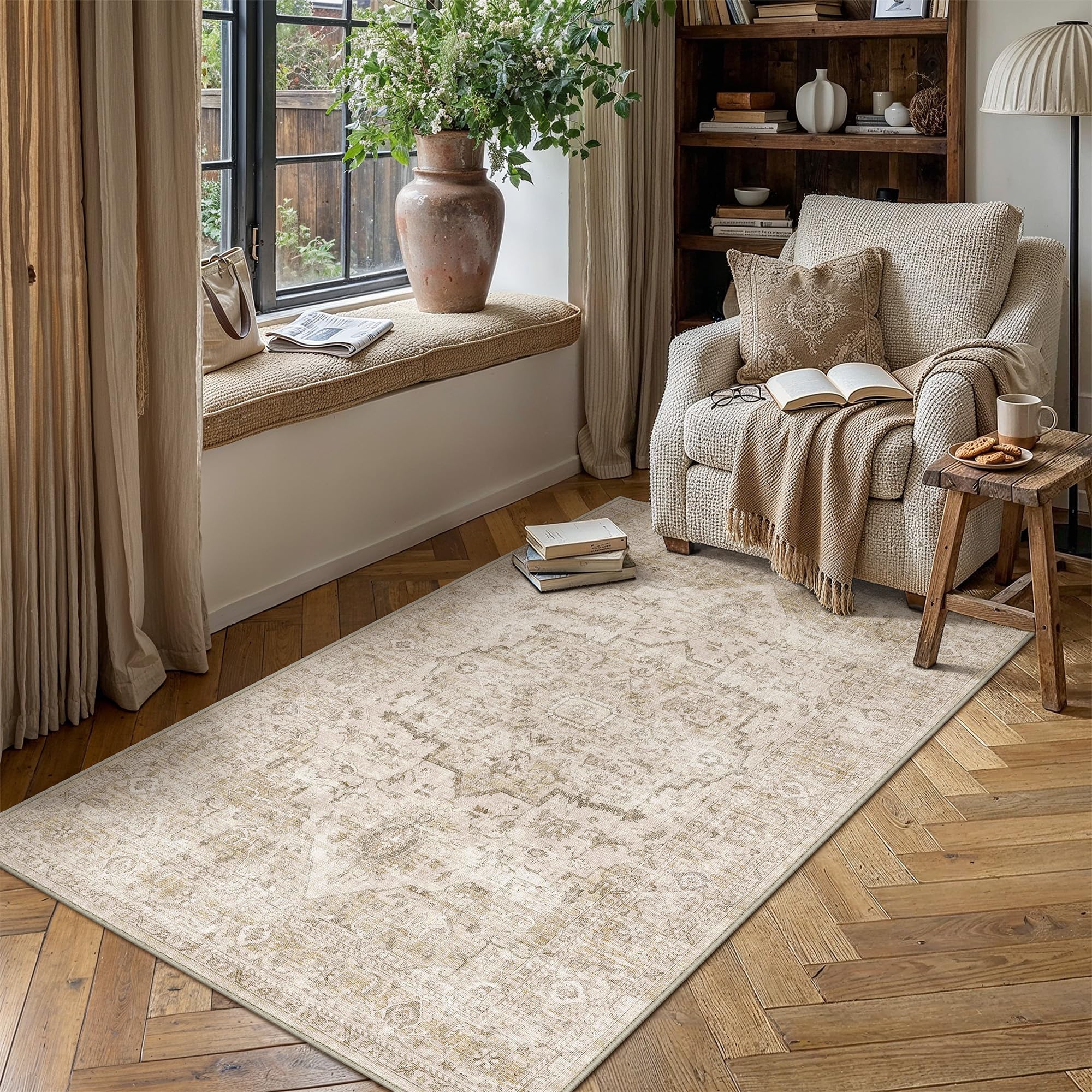 PureCozy Vintage Rugs Living Room Area Rug 80x150cm Beige Washable โ image 1