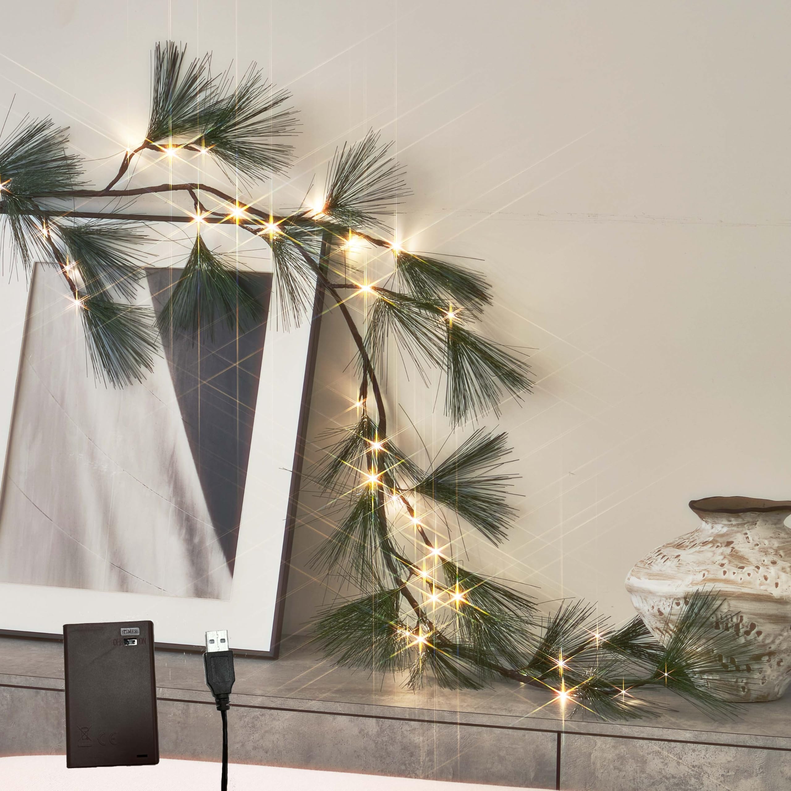 Guirlande de pin de Noël lumineuse 1,8m double alimentation avec minuteur intégré