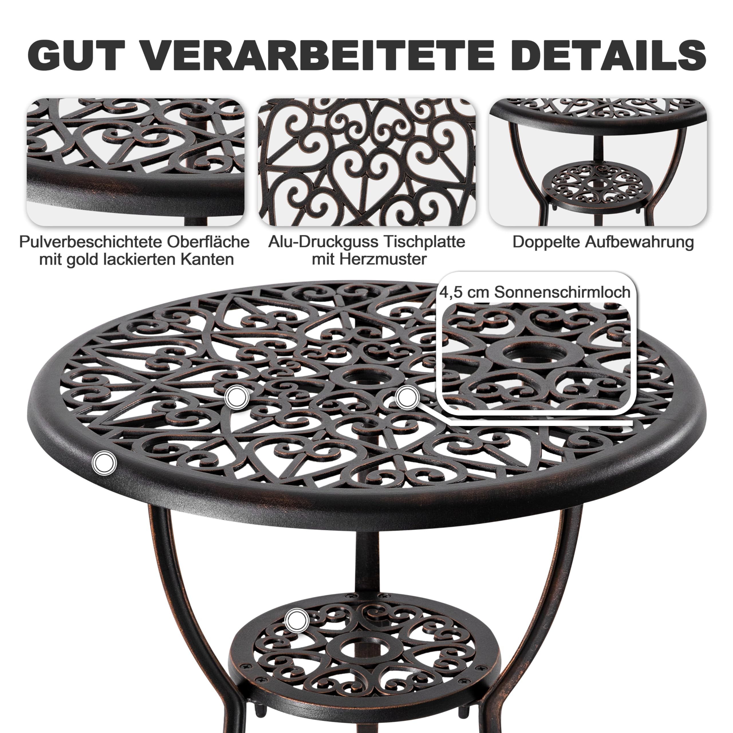 Avestar 3-teiliges Outdoor Bistro Set, Gartenmöbel, Balkonmöbel Set, runder 60 cm Bistrotisch aus Aluminiumguss, mit Schirmloch, 2 Balkonstühlen, für Terrasse, Schwarz (Mit Armlehnen)
