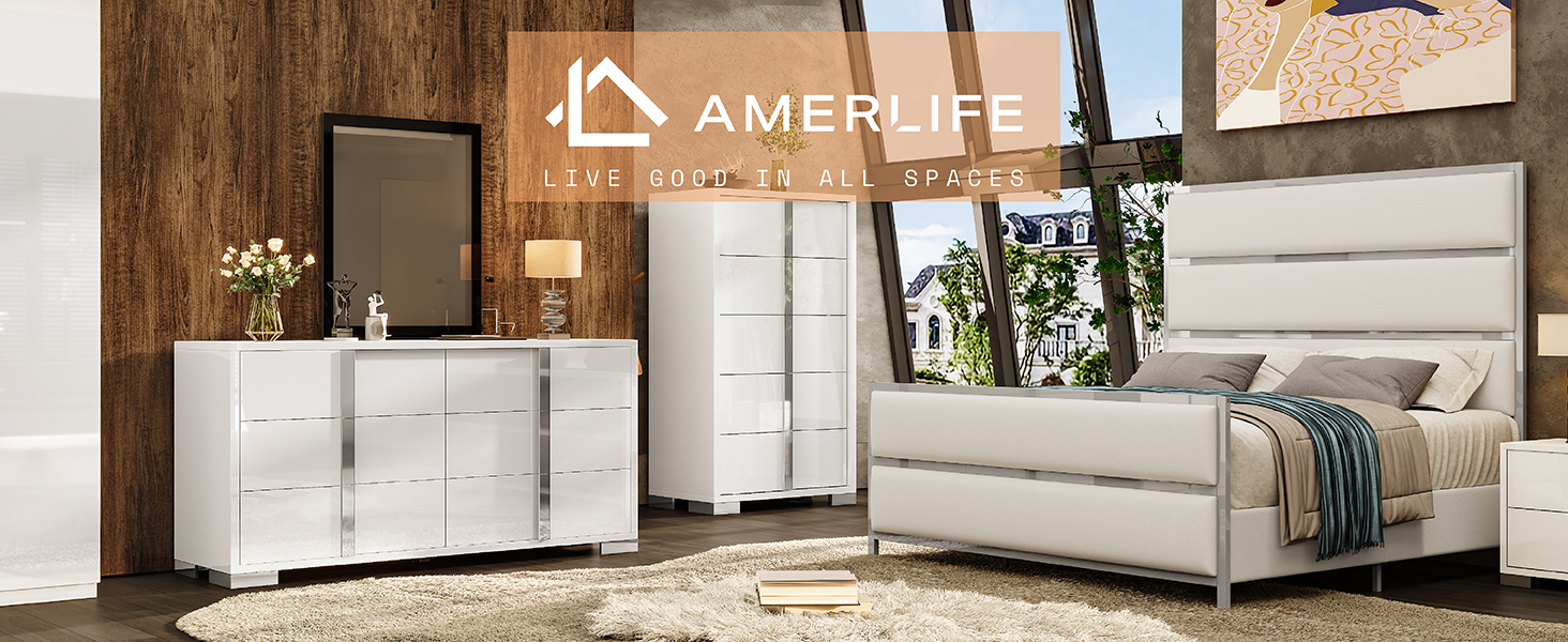 AMERLIFE 6 Drawer Dresser, Modern Storage Chest, High Gloss Finish, White