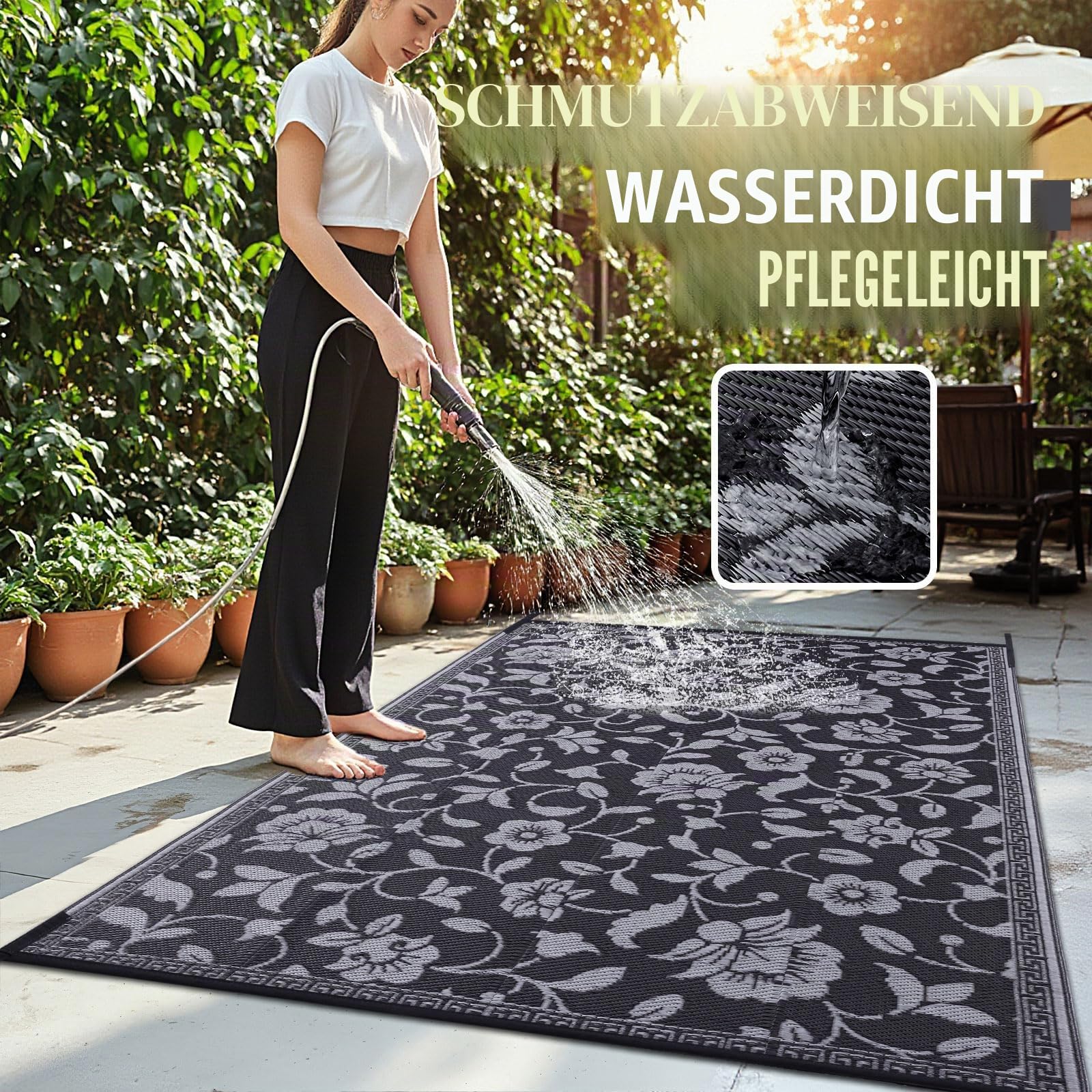 smiry Blumen Muster Outdoor Teppich Wetterfest 240x300 cm, Schwarz & Grau | Balkon Camping Teppiche UV-beständig Waschbar Außenteppich Draussen Wendbarer für Terrasse, Garten, Wohnmobil
