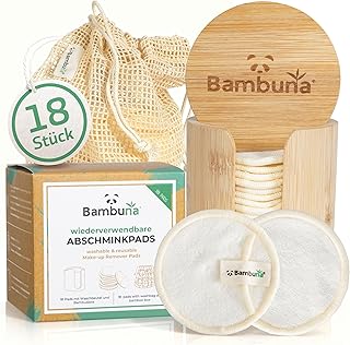BAMBUNA wiederverwendbare Abschminkpads | 18 Stück Baumwollpads|waschbare Make-up-Pads mit Aufbewahrungsbox und Waschbeutel | Zero Waste Kosmetikpads für Gesicht und Augen | vegan und plastikfrei