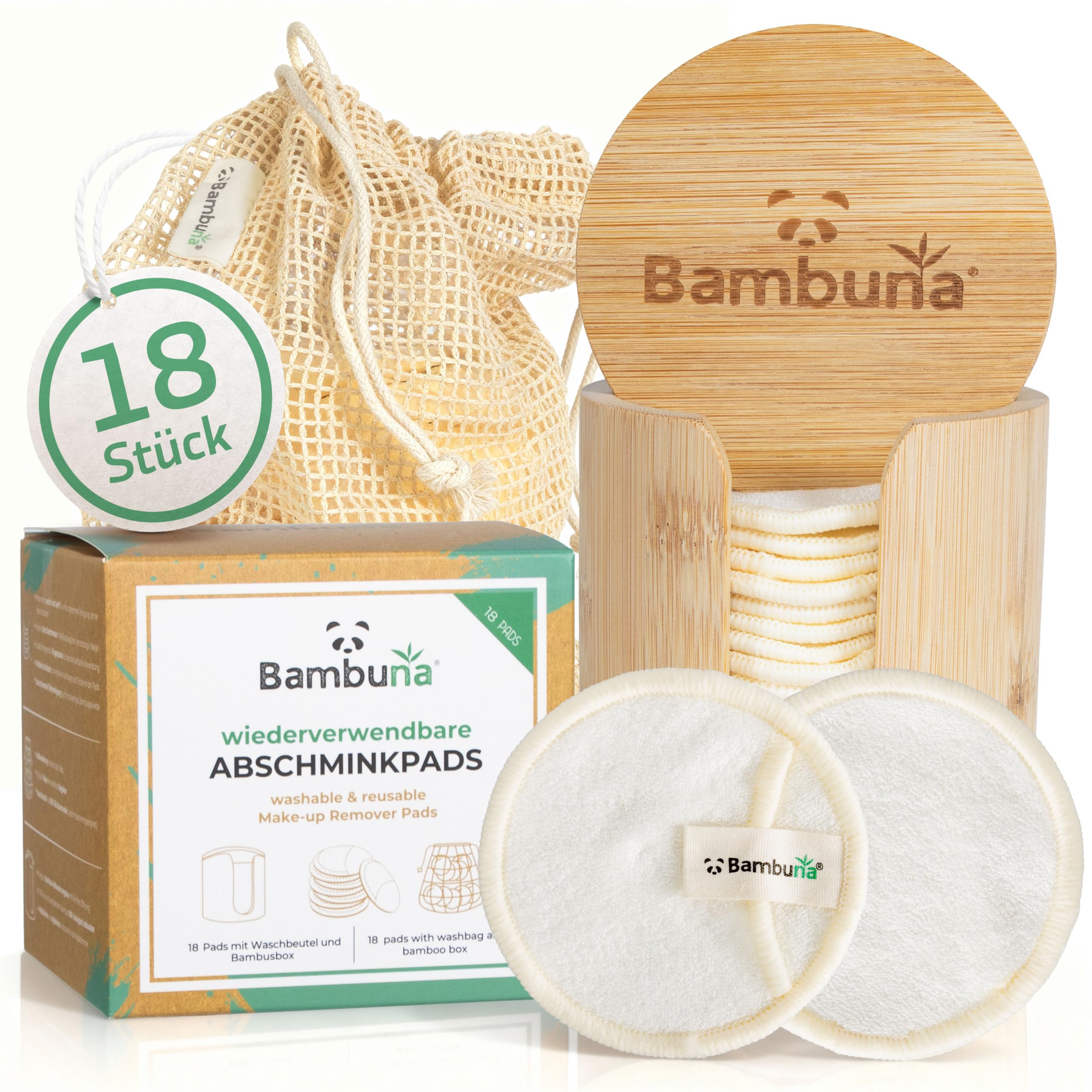 BAMBUNA wiederverwendbare Abschminkpads | 18 Stück Baumwollpads|waschbare Make-up-Pads mit Aufbewahrungsbox und Waschbeutel | Zero Waste Kosmetikpads für Gesicht und Augen | vegan und plastikfrei