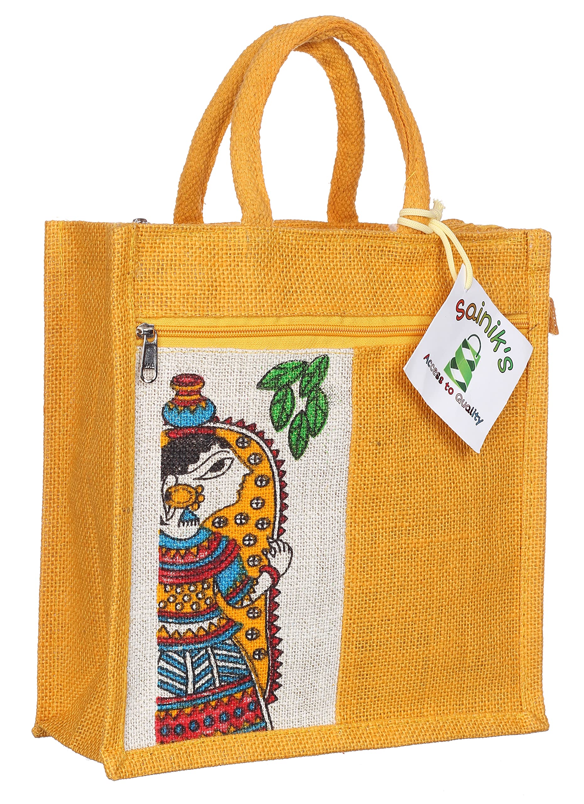 SAINIK'S - ACCESS TO QUALITY Jute Bag Durga Mataji Print pack of 2 Big Size (14 Inch X 12 Inch), Jute Multicolour Printed Tiffin/Shopping/Grocery Hand Bag with Zip & Handle for Men and Women 1