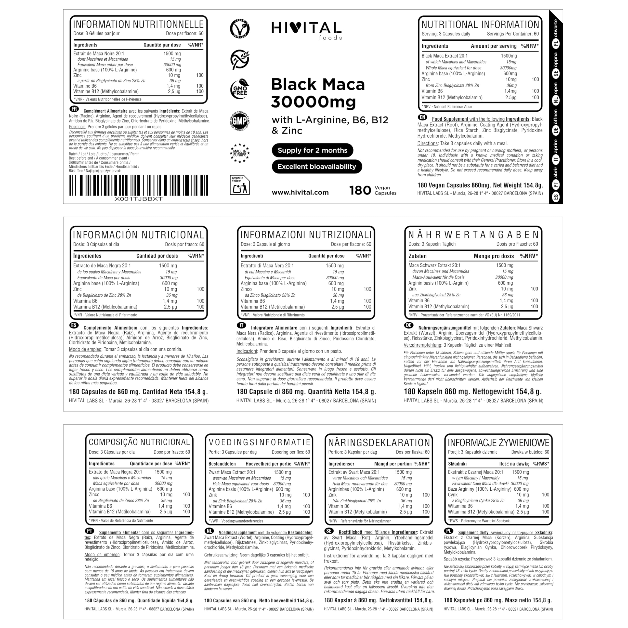 Maca Nera Peruviana 30000 mg. 180 capsule vegane per 2 mesi di trattamento. Estratto di Maca Andina con L-Arginina, Zinco e Vitamine B6 e B12. Prodotto in Europa da HIVITAL