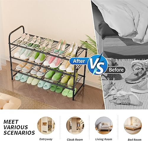 Miniatura 5 de Zapatero apilable de 3 niveles, 32.5 pulgadas de ancho, organizador de almacenamiento de zapatos de pie para entrada, armario, negro