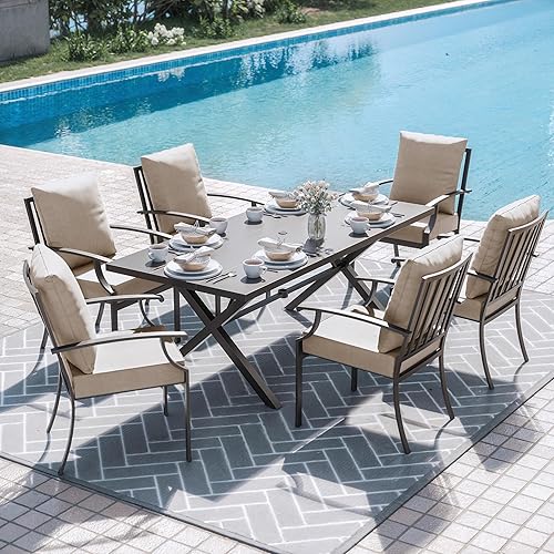 Miniatura 12 de ALAULM Juego de comedor de patio de 5 piezas para todo tipo de clima, juego de muebles de exterior de mimbre con mesa de vidrio templado, cojines