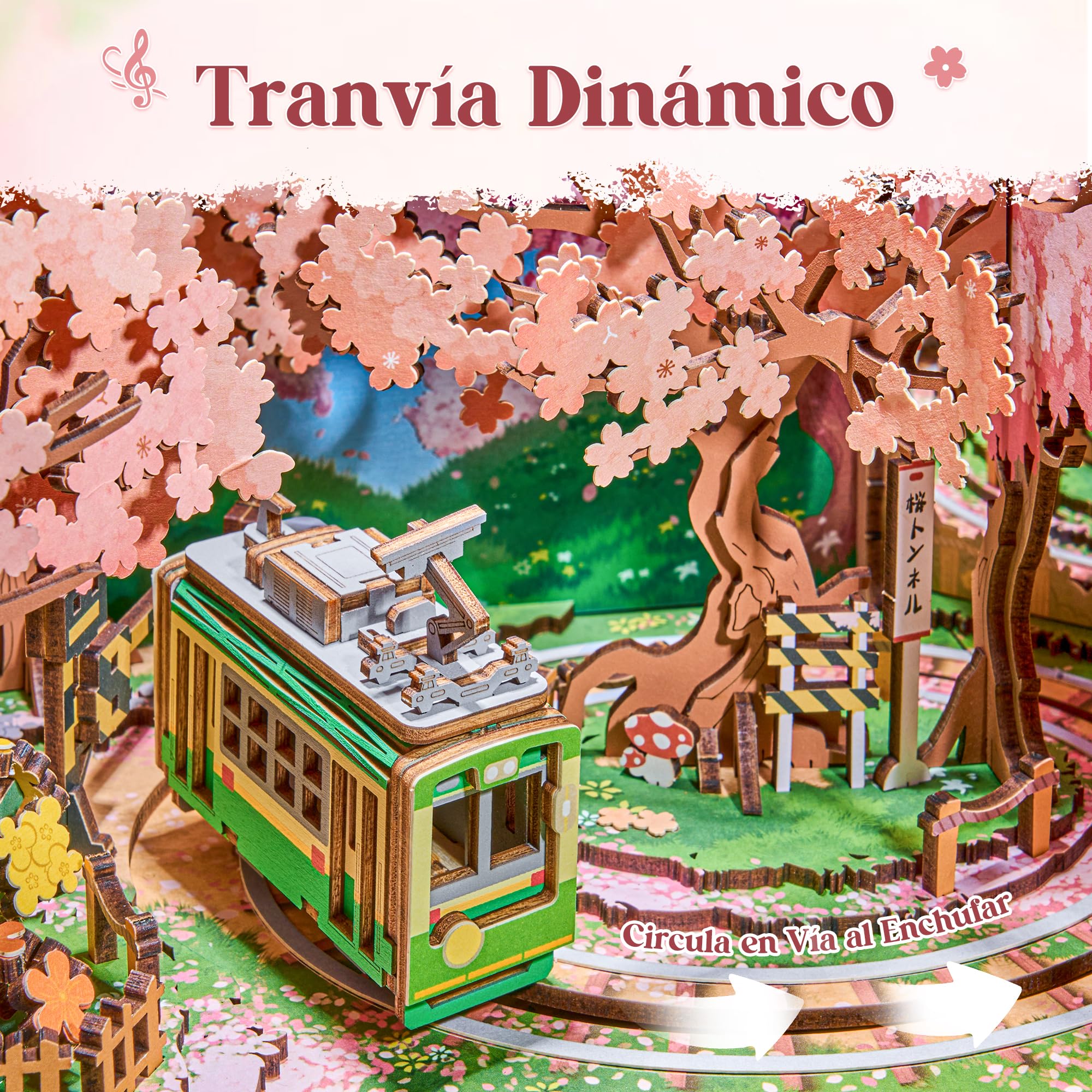 Rolife Puzzle 3D Anime rolife Sakura Tranvía Decor TV, Puzzle Madera 263 Piezas – maqueta para Construir Adultos con Tranvía Móvil & LED, Cerezo en Flor/Cherry Blossom, Regalo para Hogar