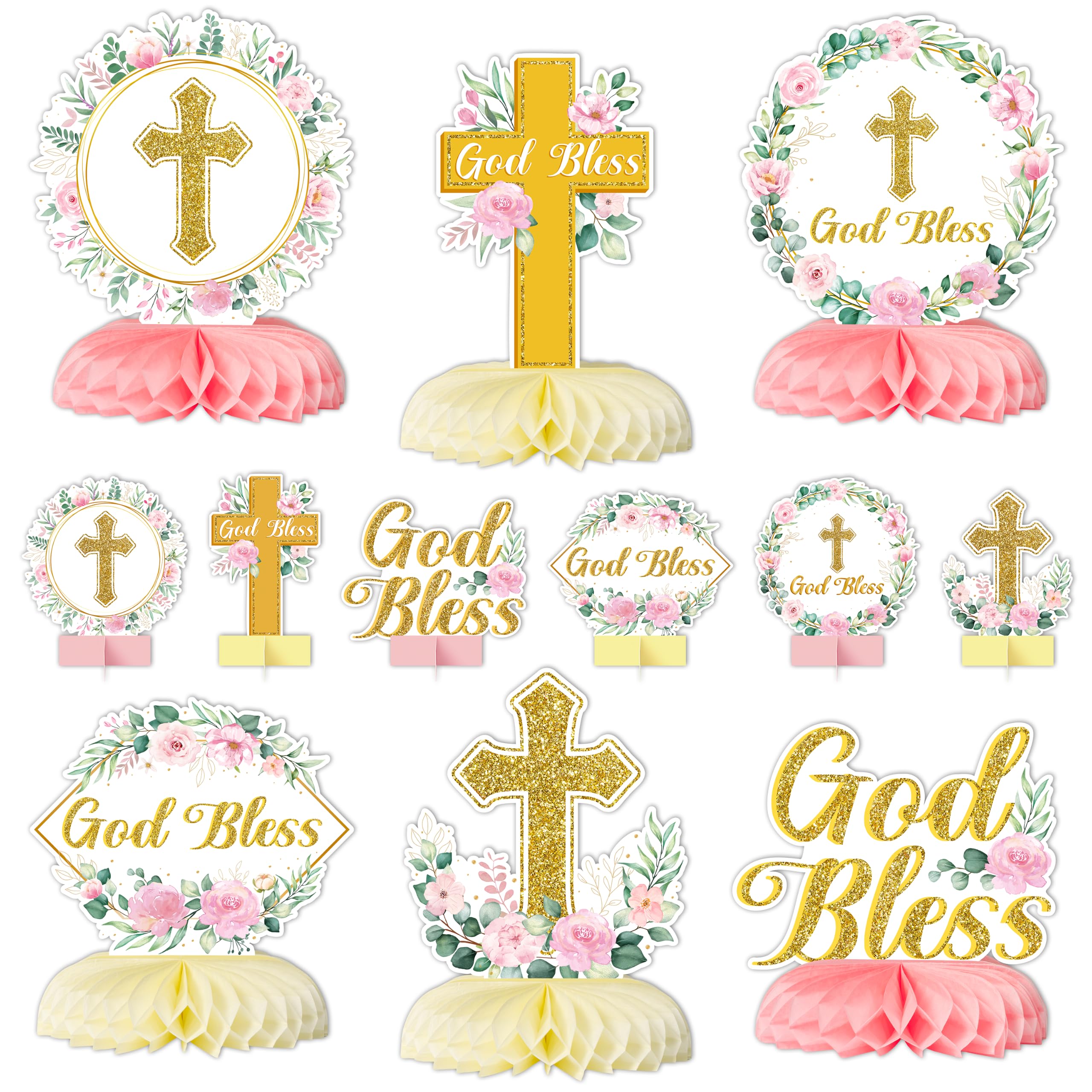 ANGOLIO 12P Pink Floral God Bless Baptism Honeycomb Centerpiece Decorations