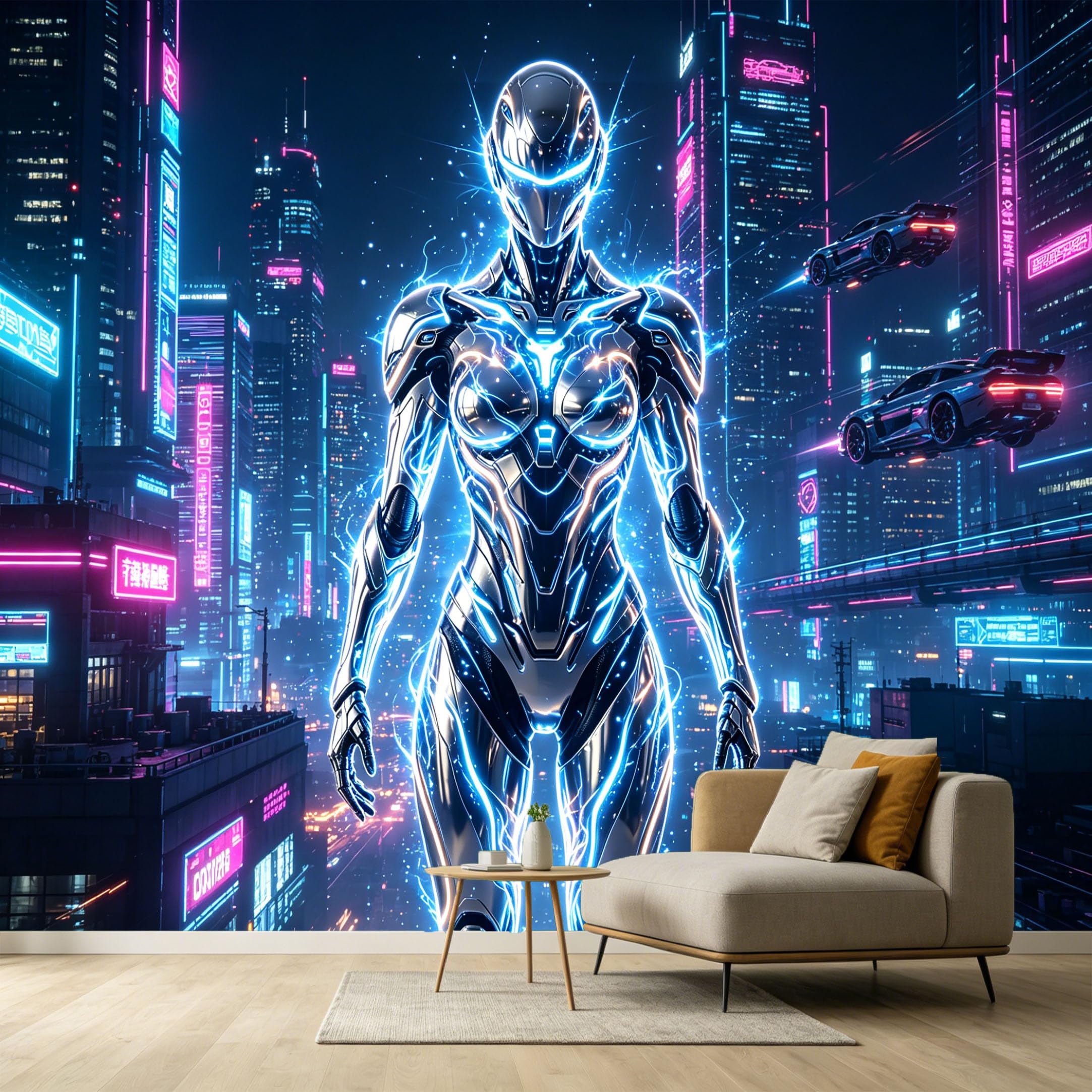 Custom Size Wall Murals Futuristic Cyberpunk City Neon Robot Android Industrial Modern 3D SelfAdhesive Wall Fabric Removable Large Wallpaper for Photo Living Room
