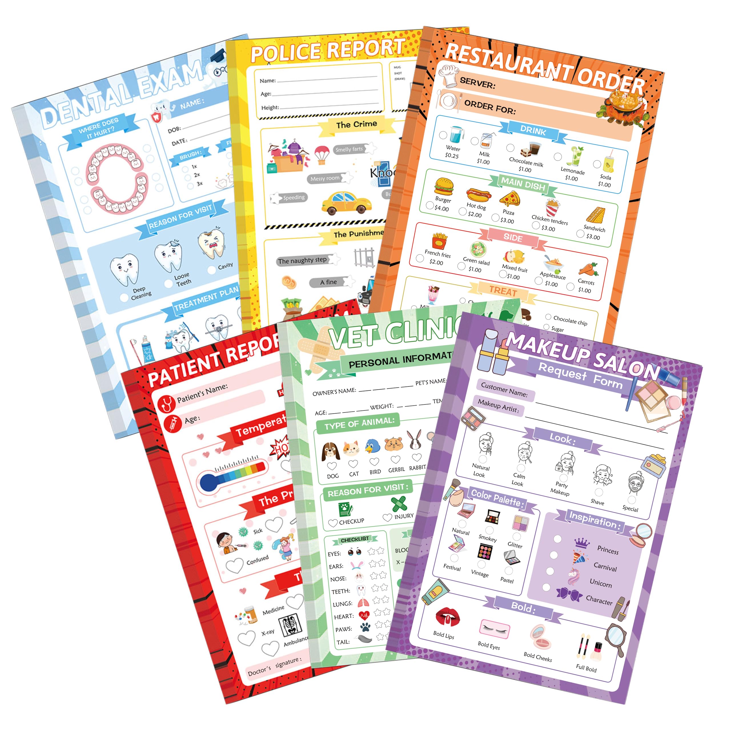 SMARSTICKER Pretend Play Notepads 6 Pack Playtime Pads Pretend Notebooks Imaginative Restaurant Doctor Police Vet Dentist Role Play Game Notepads for Boys & Girls