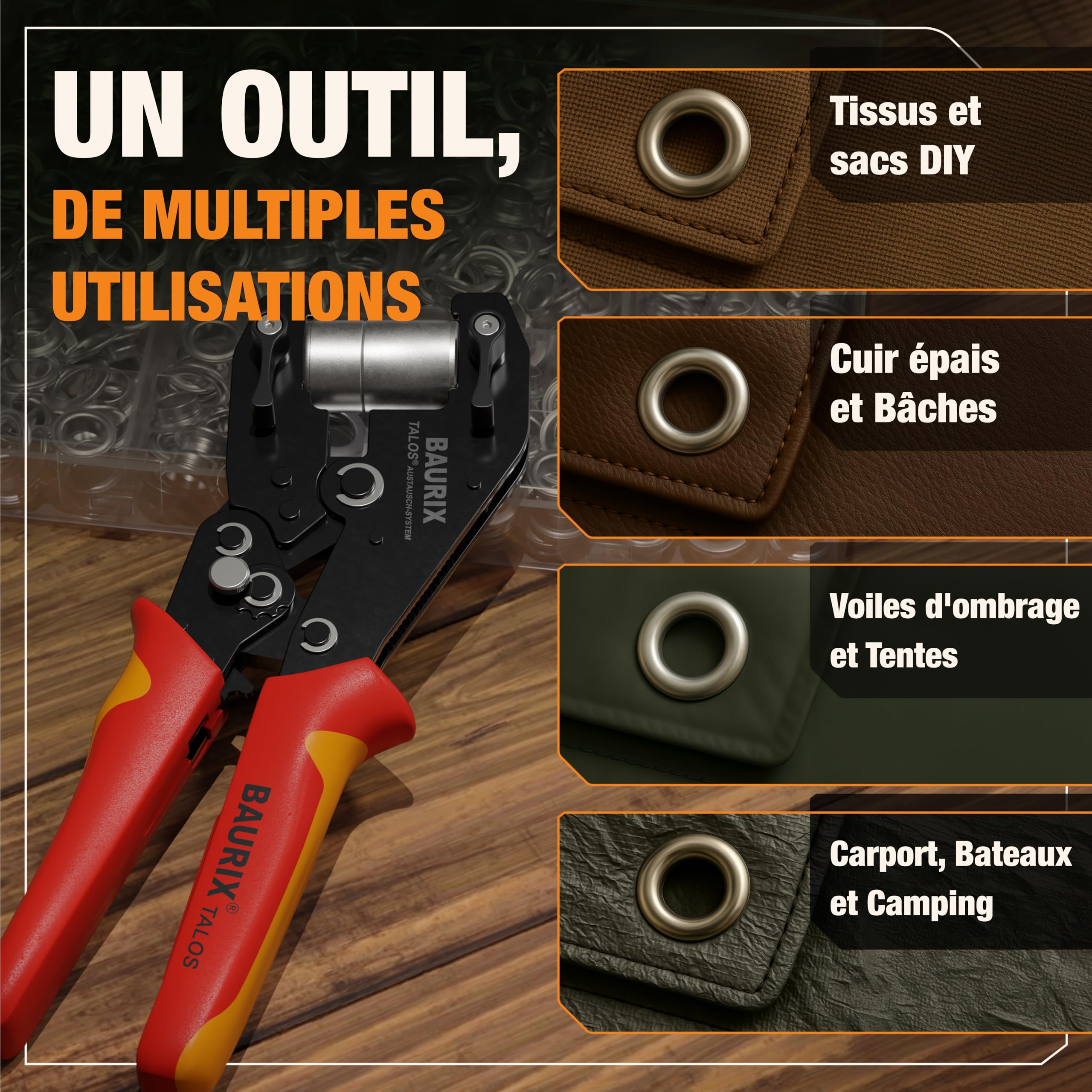 BAURIX® Pince à Oeillets avec 200 œillets (Ø10 mm) – Auto-perforante sans Pré-trou – pour Bâches, Tissus, Cuir & Textiles – pour Couturières, Bricoleurs & Artisans - TALOS