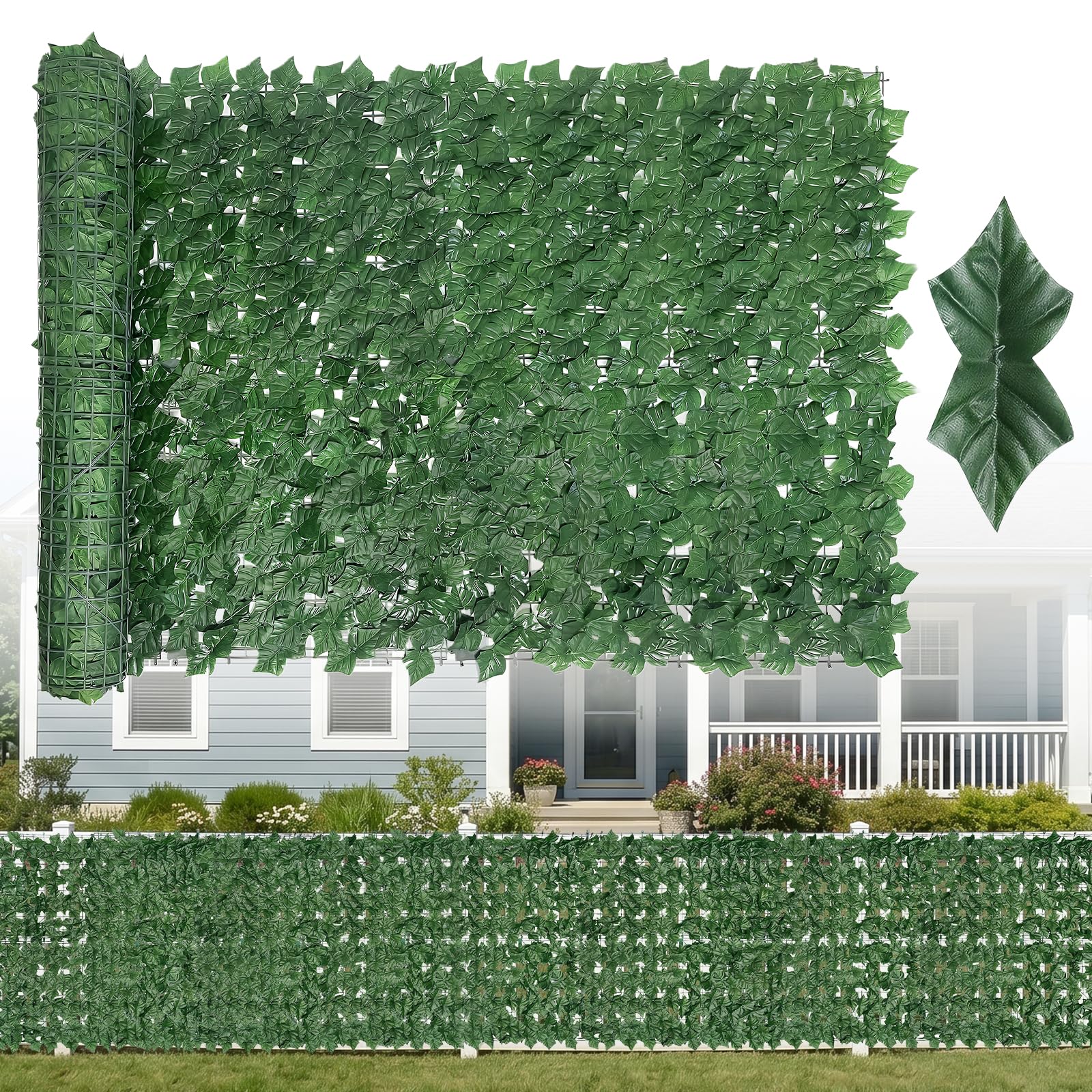 Edera artificiale in resina UV per la privacy, 2,4 x 1,8 m, verde finto per balcone, giardino, patio, cortile e decorazione da parete per interni/esterni, verde