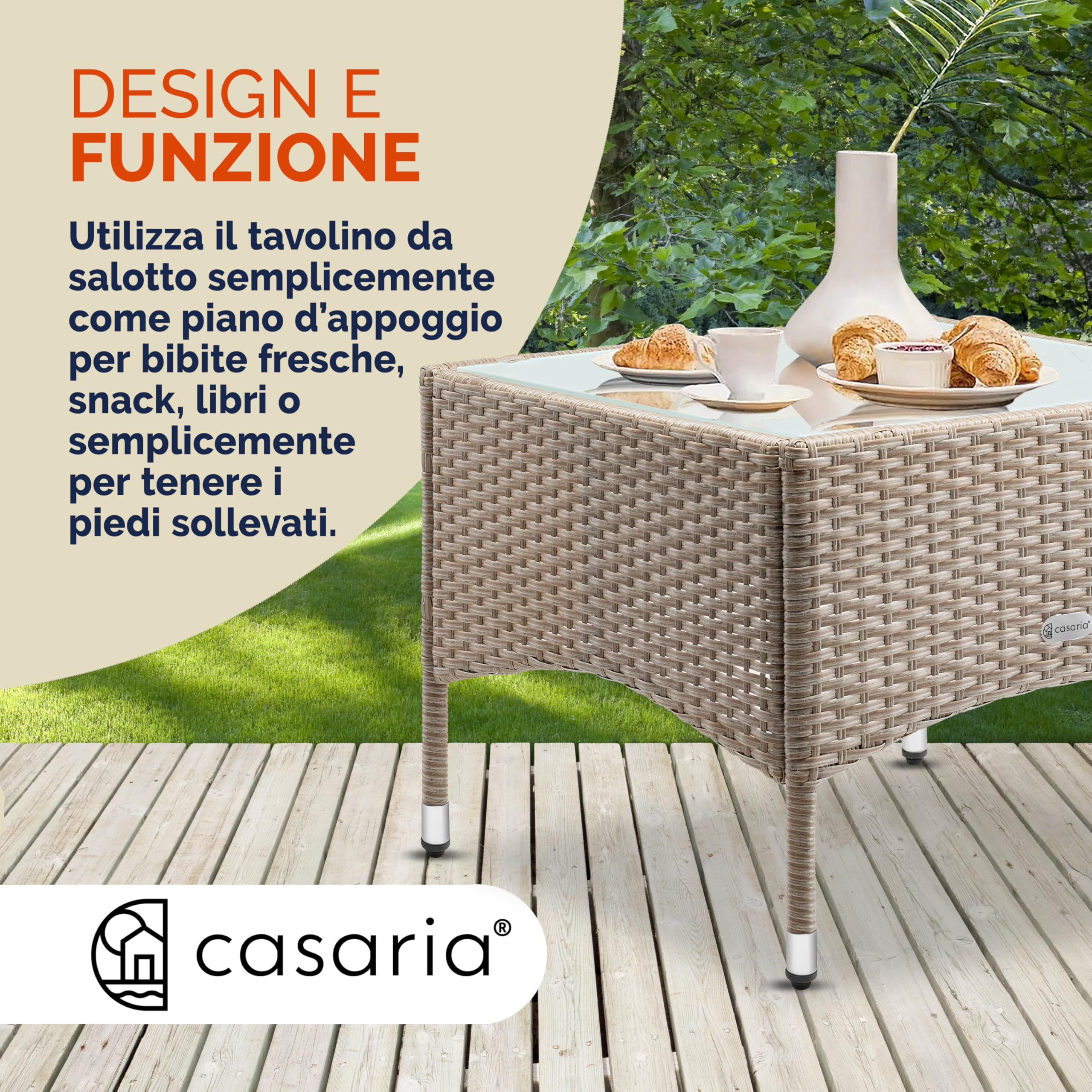 Casaria Tavolino da Giardino Esterno in Polyrattan 58x58x42cm Tavolo Basso da Caffè Quadrato Vetro