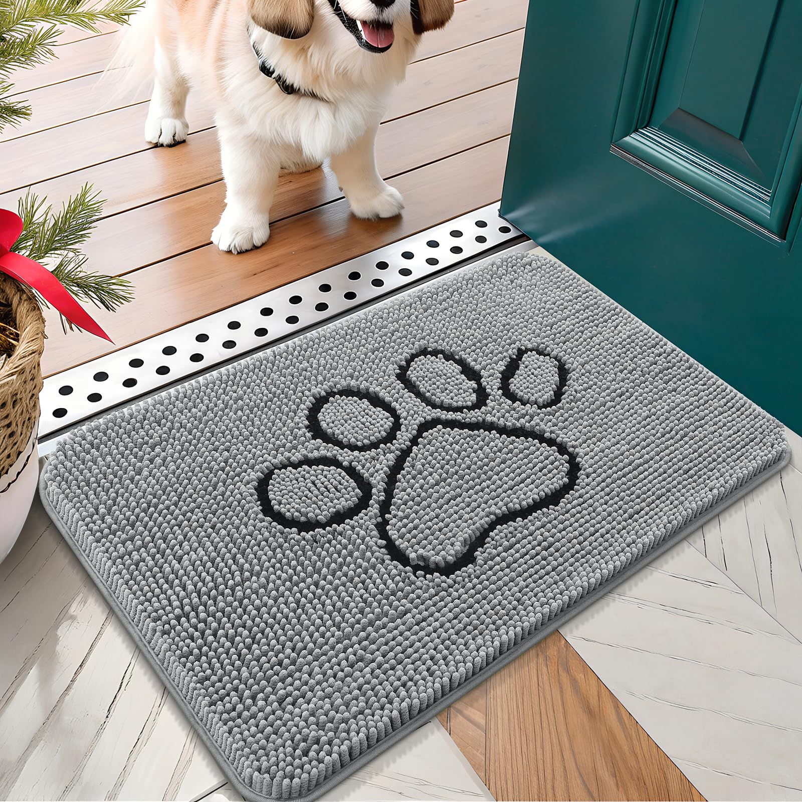 OLANLY Dog Door Mat for Muddy Paws 24x16, Paw Print Design, Absorbs Moisture and Dirt, Absorbent Non-Slip Washable Doormat, Quick Dry Chenille Mud Mat