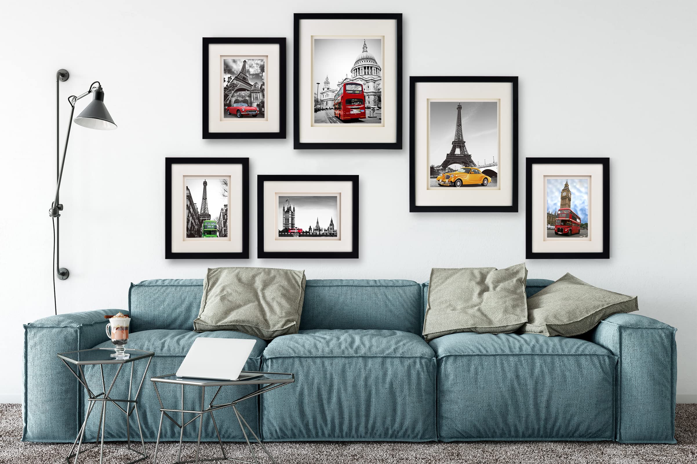 YAETM 11x14 Double Floating Mat Picture Frame Set of 2, Display Picture 8x10 with Ivory Double Mat, Polished High Definition Real Glass , Wall Mounting Photo Frames, Black / White