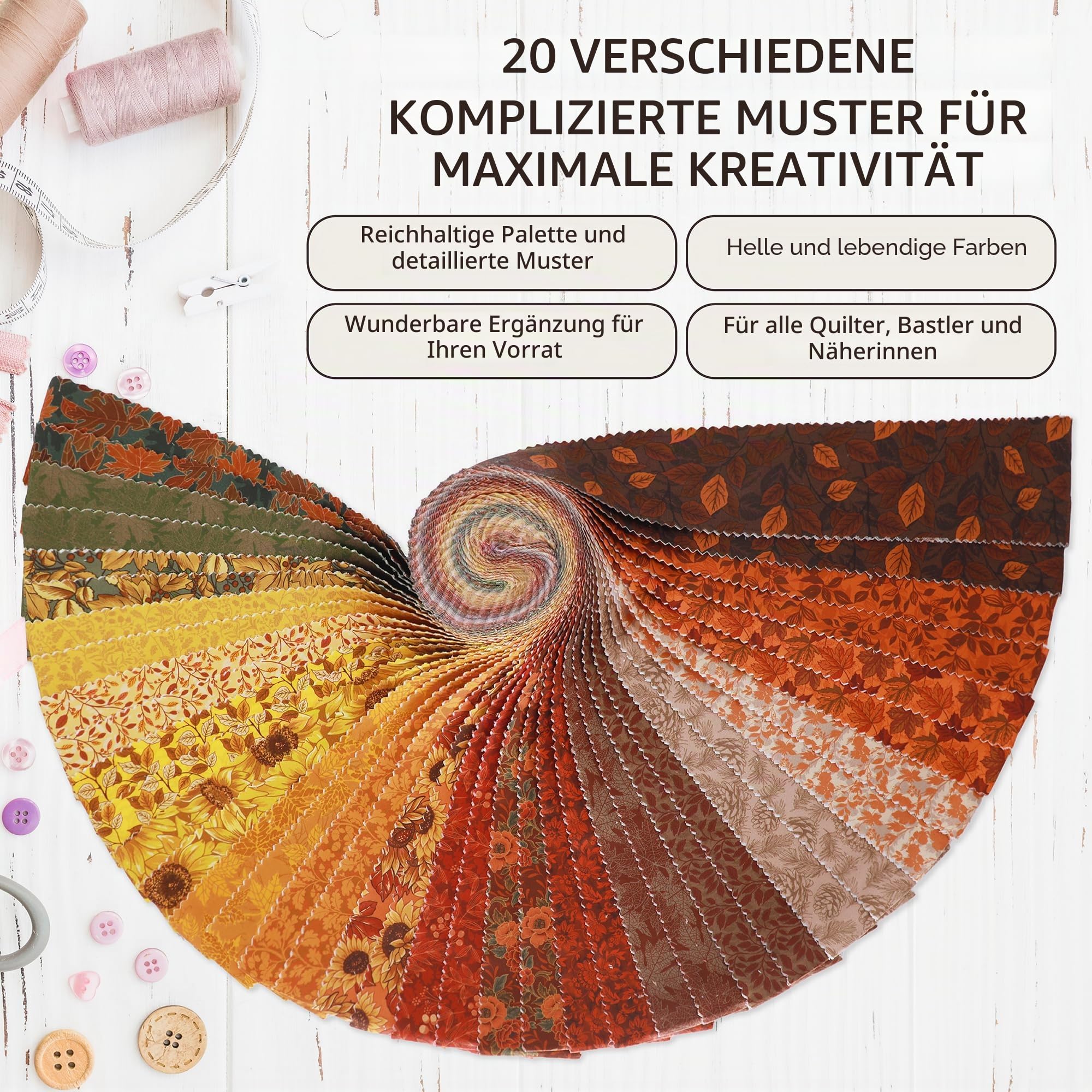 Tinyspool & Co. Jelly Roll Stoffstreifen zum Quilten, Basteln und Nähen, 40 Streifen, sortiert, weiche Baumwolle für Decken, Teppiche, Polster, Heimdekoration und Geldbörsenherstellung, Fall is Here