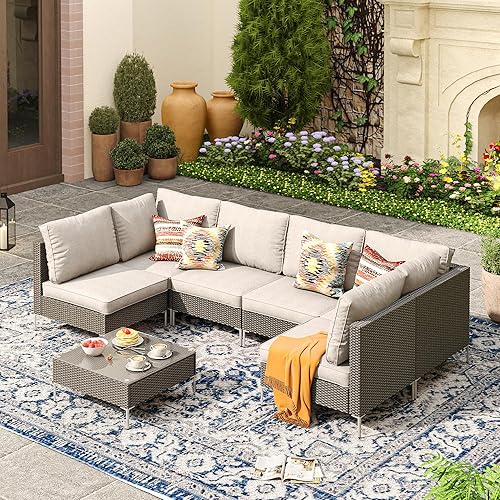 VICLLAX 7 Pieces Wicker Patio Furniture Set, Outdoor Conversation Set Sectional Sofa with Cushion & Glass-Top Coffee Table for Garden, Poolside, Backyard, Grey PE Rattan