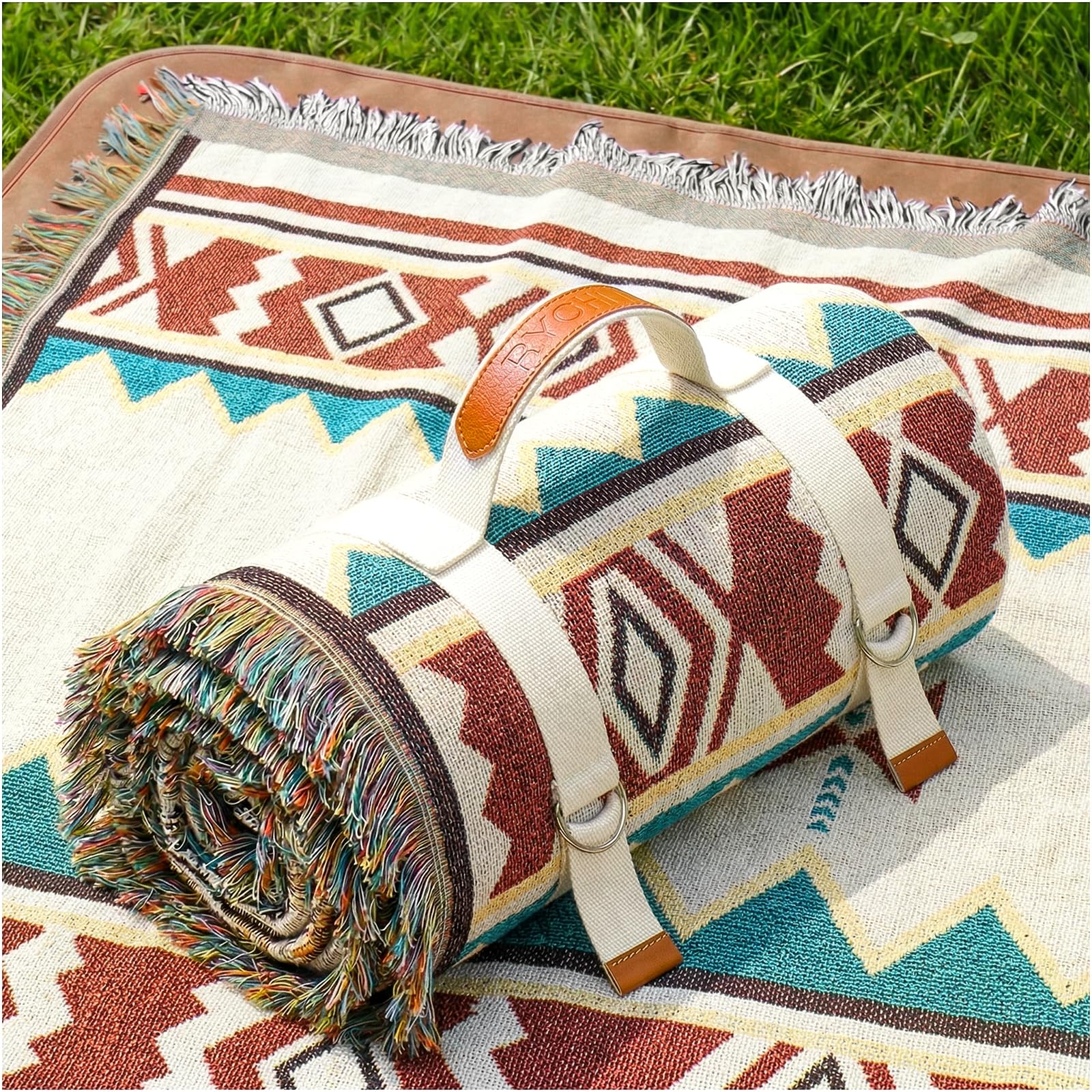 RYCHIC 2 in 1 Extra Large Outdoor Picnic Mat Woven Summer Throw Blanket Boho Giant Beach Travel Essential Yoga Accessories Park Patio Lawn Garden Grass Ground Play Music Festival Concert Must Have
