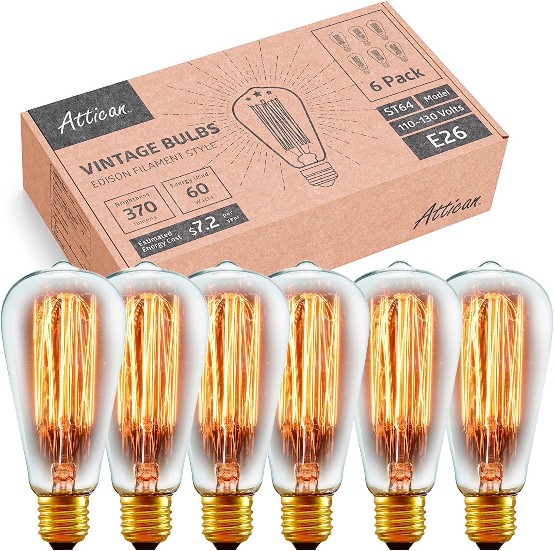 Attican Edison Light Bulb, 6-Pack Antique Vintage Style, Dimmable (60w/110v)