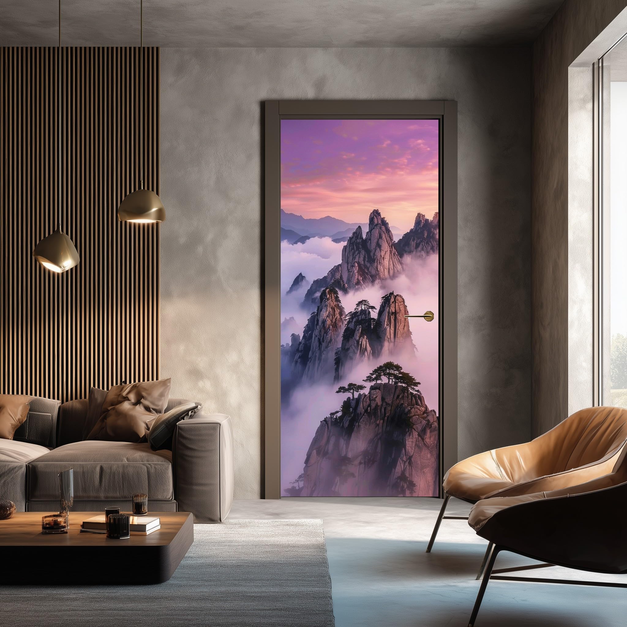 Film adhésif porte style montagne chinoise et nuage sticker mural salon décoratif 100x200 cm