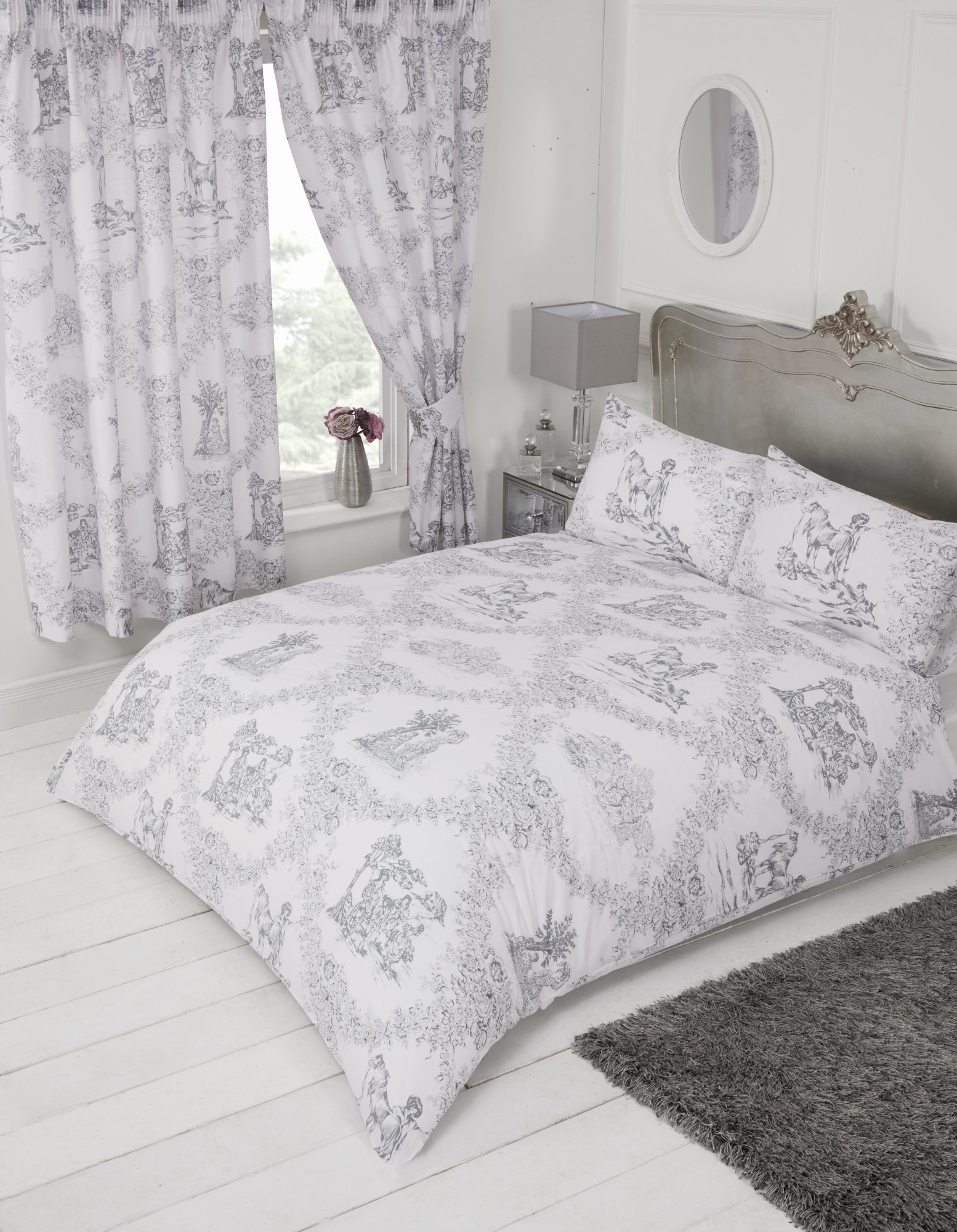 King Size Bed Toile De Jouy Grey, Duvet/Quilt Cover Bedding Set, by MY HOME, Traditional Floral Damask Country Design