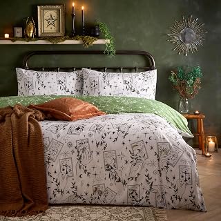 Celestial Stories Duvet Cover Set – Reversible Mystical Hand-Painted Botanical Tarrot Card Design (Green - Double)
