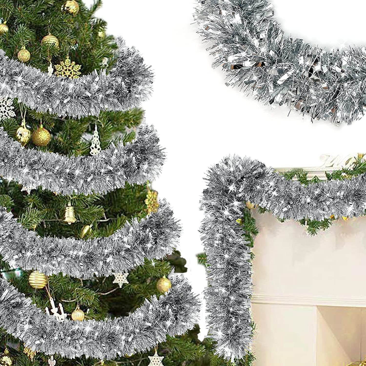 ZKTYQUIHE 4 Pack Total 28 Ft Tinsel Garlands Christmas Tree Decorations