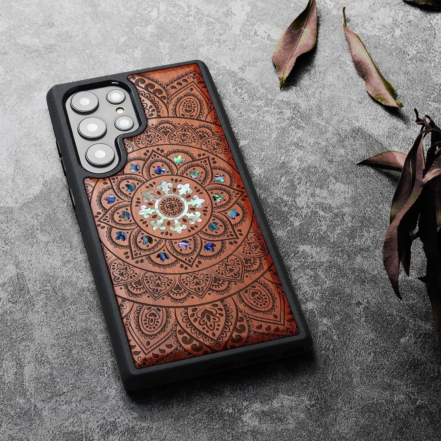 Carveit Designer Wooden Case for Samsung Galaxy S24 Ultra Case [Wood Engraving & Shell Inlay] Compatible with Wireless Chargers S24 Ultra Cover (Mandala Floral-Rosy)