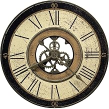 Howard Miller Brass Works Wall Clock Antique Brass Finish, Quartz Movement, Roman Numerals, Moving Gear, Battery Operated, Round Metal Wall Clock