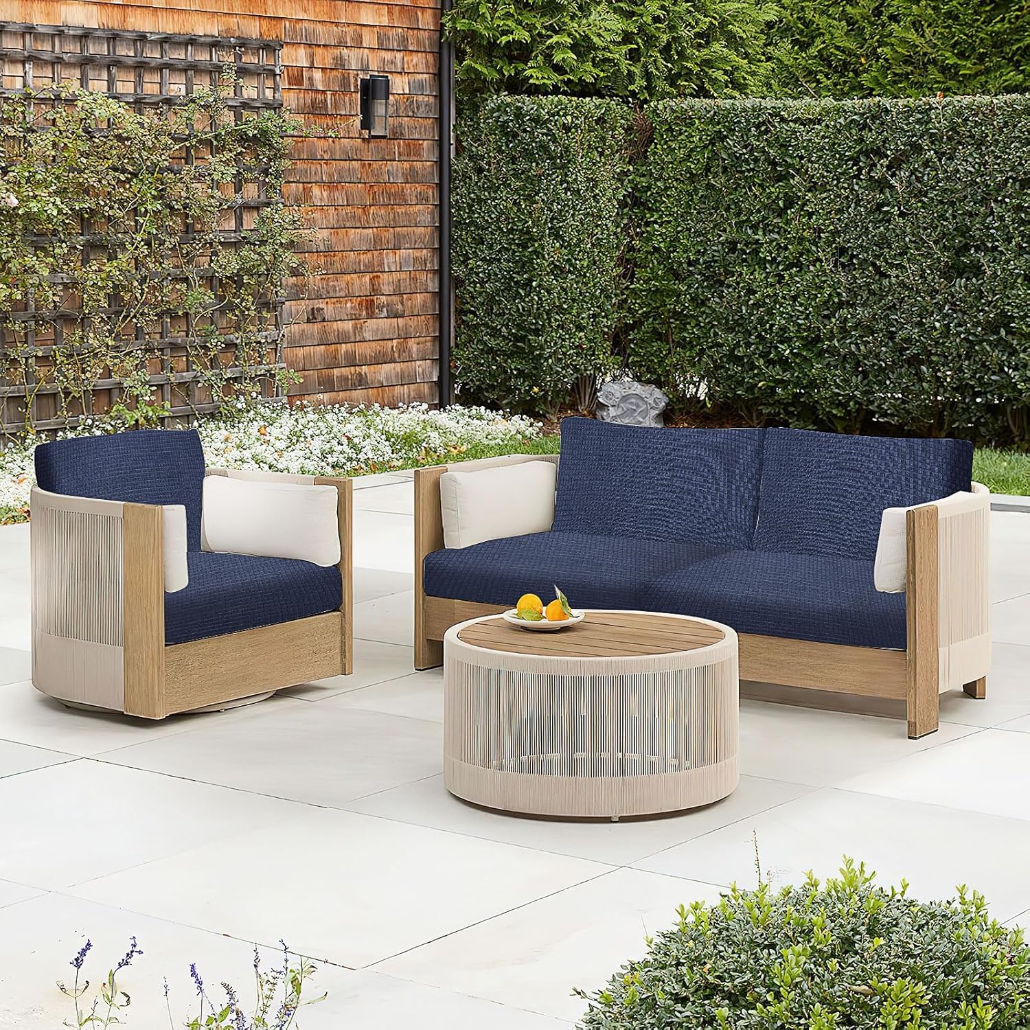 MALLOOM Lot de 8 Housses Extensibles imperméables pour Coussins d’extérieur – Housses de Rechange lavables pour canapé de Jardin ou d’intérieur (Bleu Marine, Housses Uniquement)