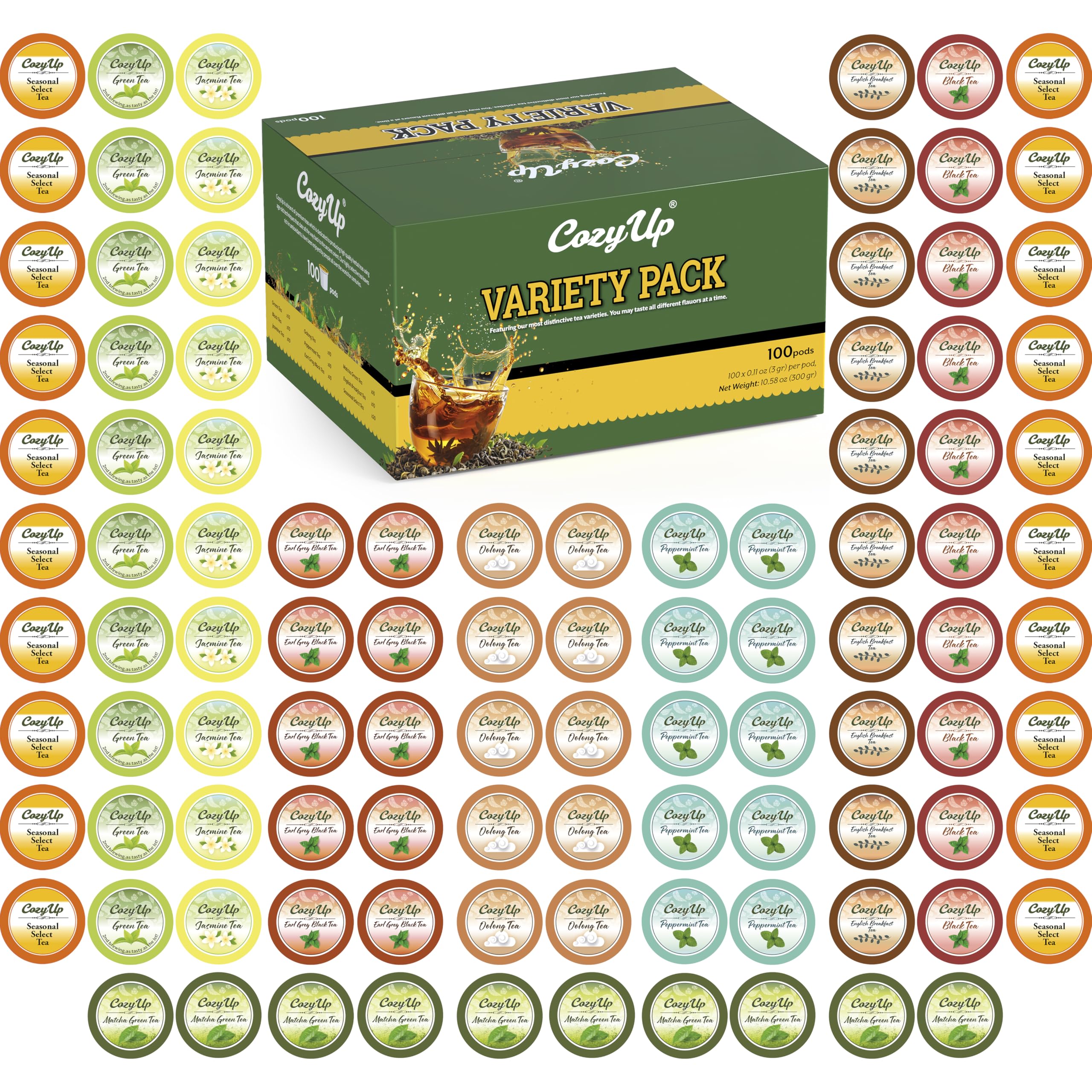 Cozy Up 100-Count Variety Pack Tea, Compatible with Keurig Brewers, Includes Green, Black, Jasmine, Earl Grey, English Breakfast, Oolong, Peppermint, Matcha Green & 2 Seasonal Select Tea