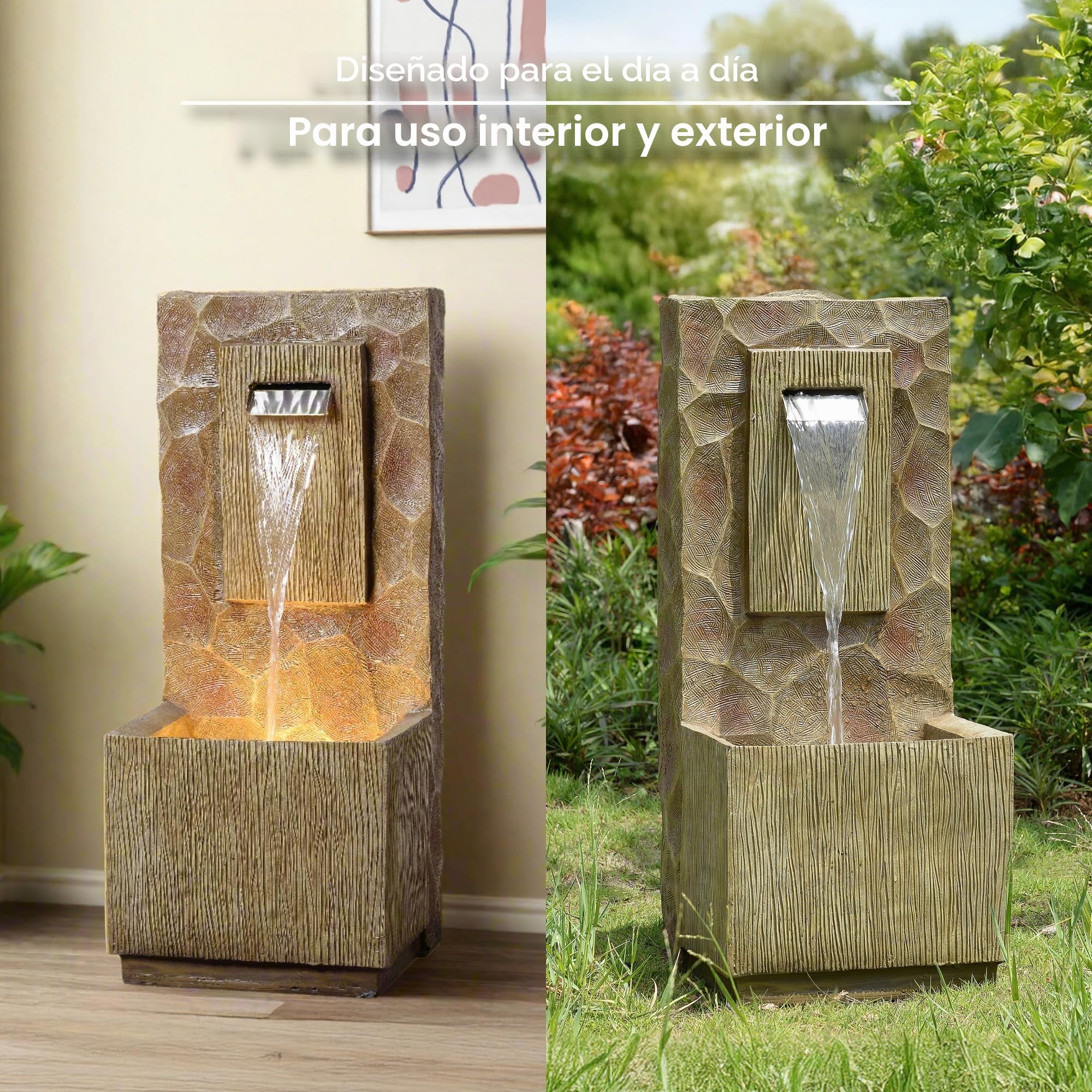 Teamson Home Fuente Exterior Cascada 81 cm Estilo SPA con LED Integrado, Acabado marrón Moderno y Flujo calmante