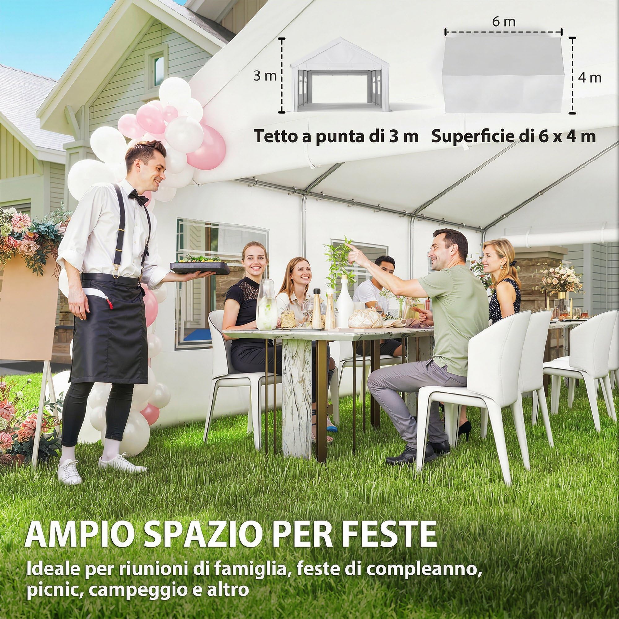 Outsunny Tendone per Feste 4x6 m con Pareti Laterali, Gazebo da Giardino in Acciaio Zincato a Caldo con 2 Porte a Cerniera, 6 Finestre, Corde, Gazebo da Esterno per Matrimoni Eventi, UV30+, Bianco