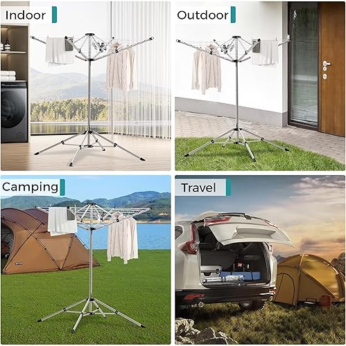 Miniatura 2 de JS HANGER Estante de secado de ropa portátil para interiores y exteriores con 4 brazos giratorios para perchas, 4 patas, paraguas plegable, secadora