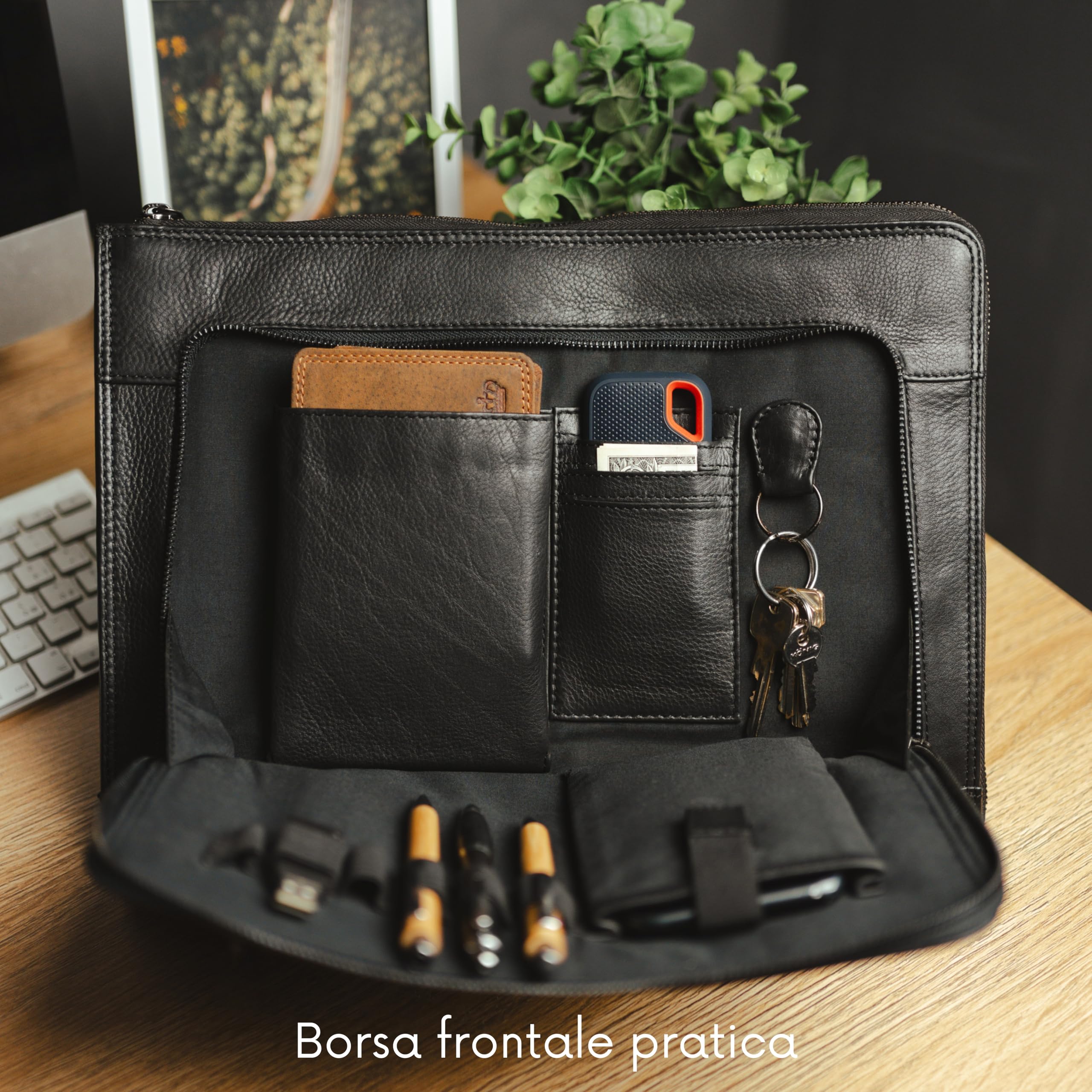 Baur - Borsa per notebook in vera pelle, per computer portatile fino a 13,3 pollici, realizzata a mano, con design sottile, pratica tasca frontale