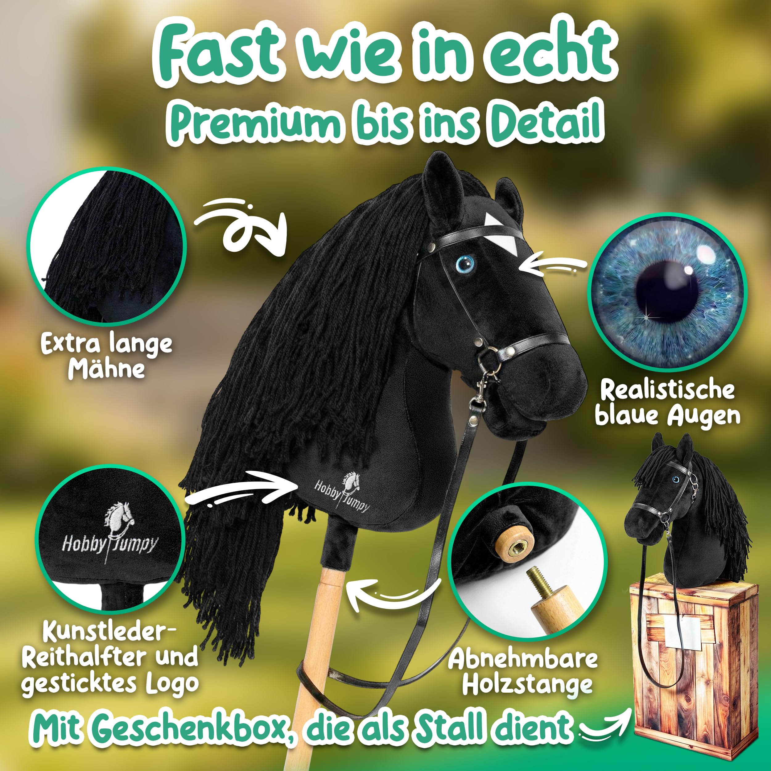 Hobby Horse A3 Steckenpferd mit realistischen Augen und Stall-Geschenkbox – Braun oder Schwarz