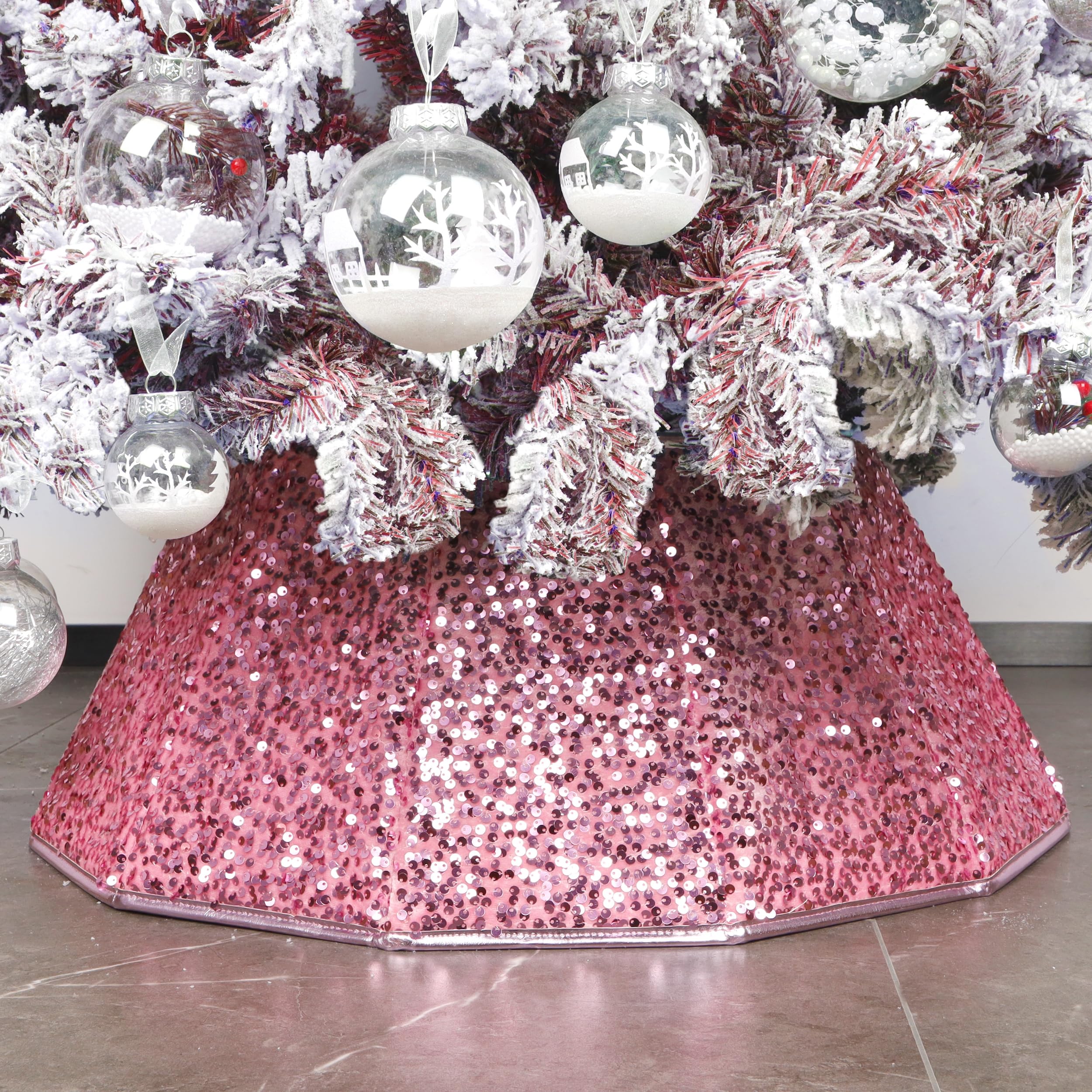 Blissun Christmas Tree Collar, Sequin Christmas Tree Skirt, Foldable Christmas Tree Ring, Xmas Tree Stand Base Cover for Christmas Tree Decoration, Pink