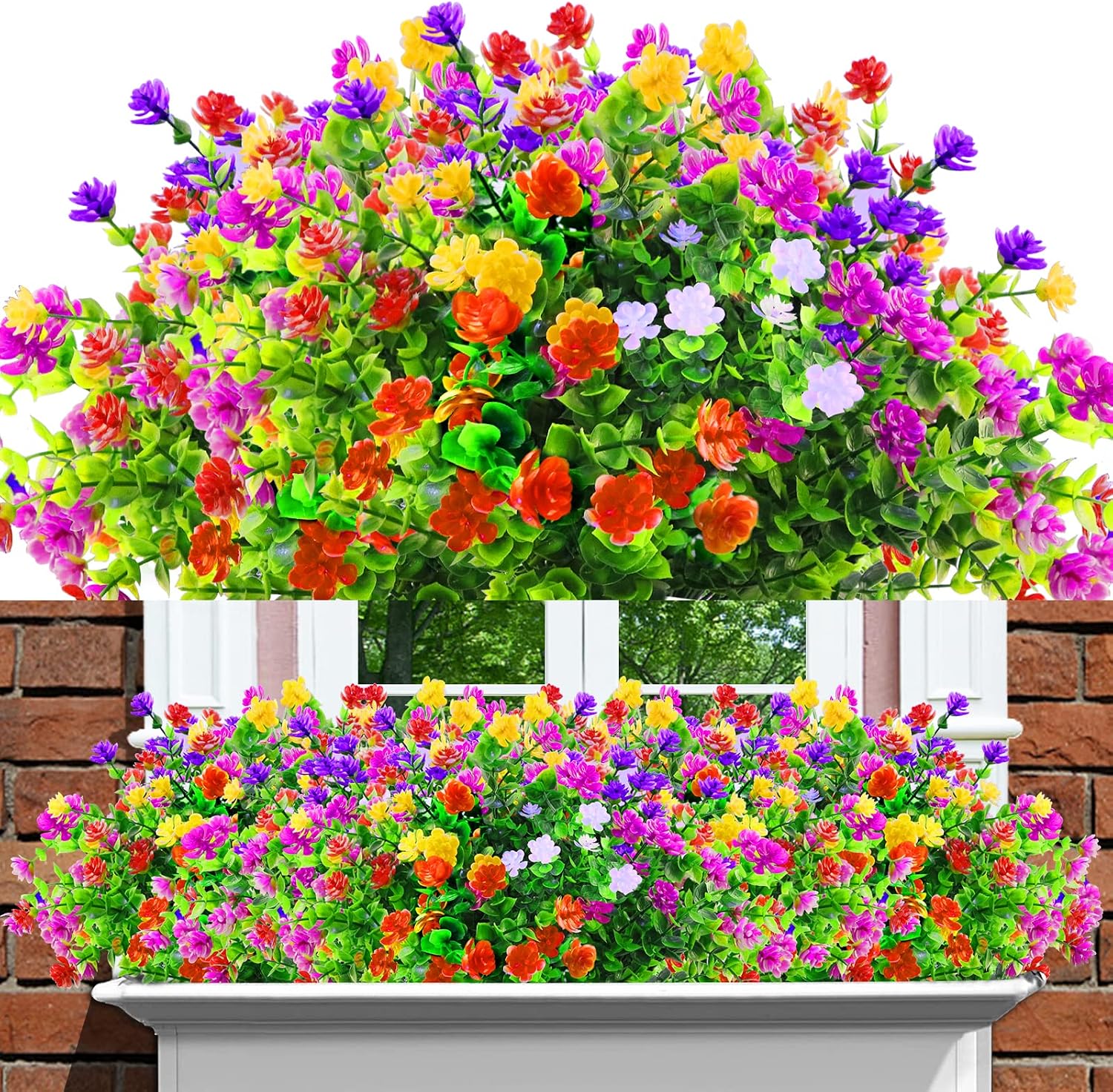 12 Bundles Outdoor Artificial Fake Flowers UV Resistant Rose Eucalyptus Leaf Plants, Faux Plastic Greenery Gypsophila for Indoor Outside Hanging Plants Garden Porch Window Box Home Wedding Decor