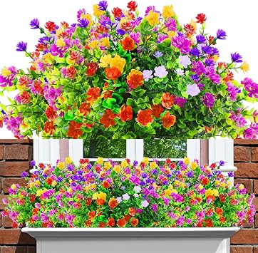 Artificial Fake Plants Flowers for Outdoor Spring Summer Decorarion, 12 Bundles UV Resistant Faux Silk Flowers Rose Eucalyptus Leaf Plants for Indoor Outside Garden Planter Porch Patio Yard Home Decor