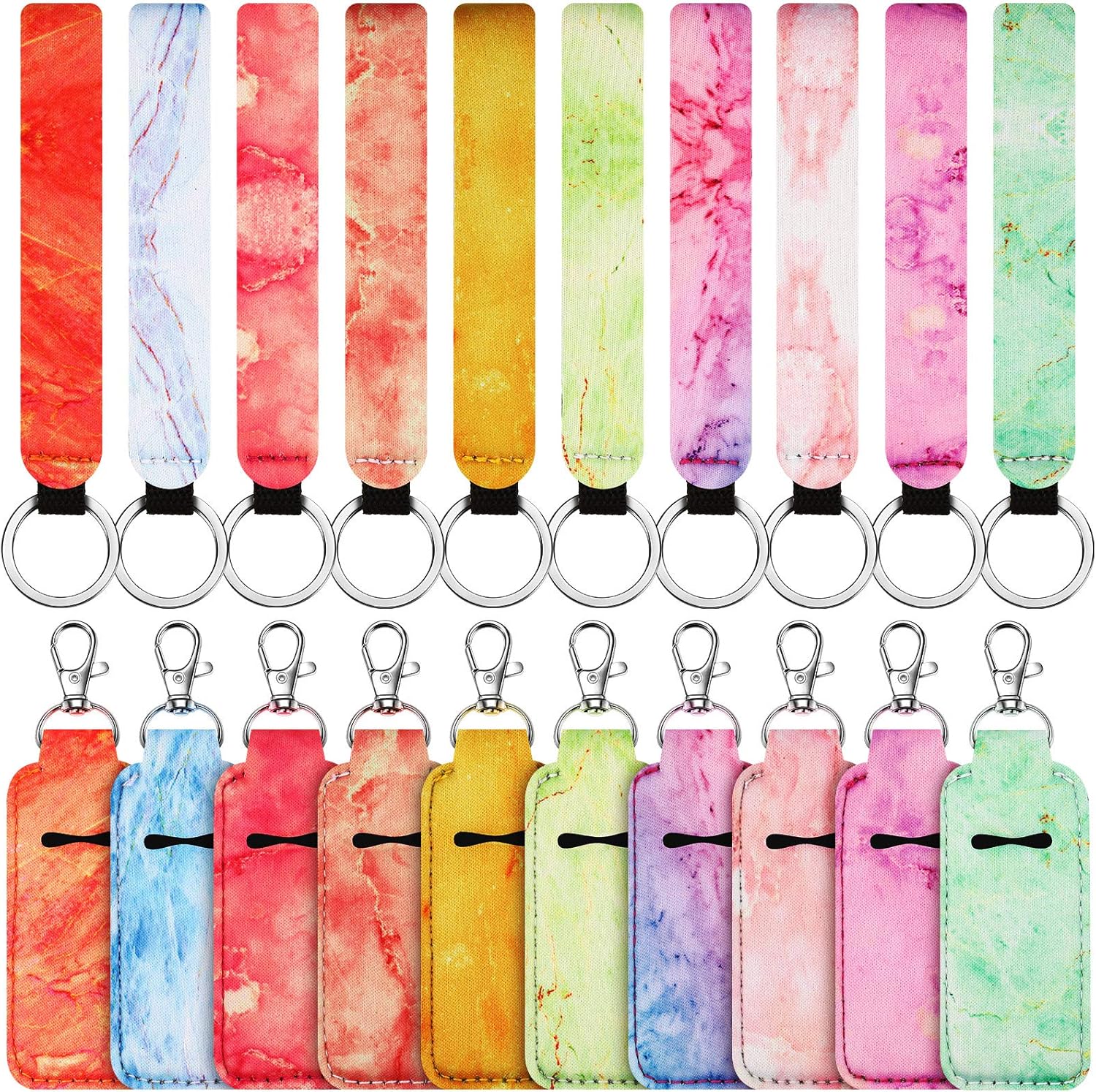 Patelai 20 Pieces Marble Lipstick Holder Keychain with Lock and Lanyard Wristlet Set, Includes 10 Lipstick Holder Keychain Clip-on Sleeve and 10 Lanyards for Women Travel Accessories