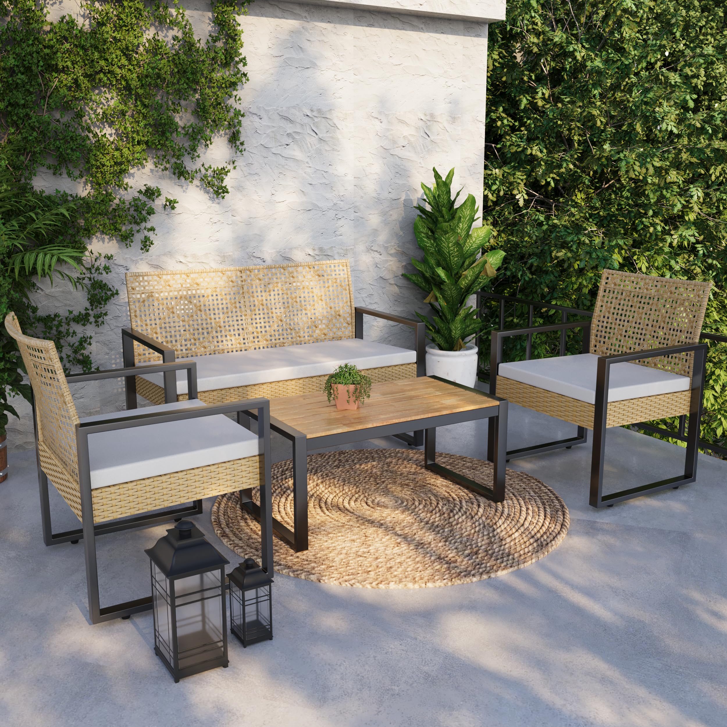 casa.pro Gartenmöbelset Calciano 4-TLG. Balkonmöbel Tisch mit Bank und 2 Stühlen Outdoor Sitzgarnitur Polsterkissen Lounge Möbel Rattan-Optik wetterfest
